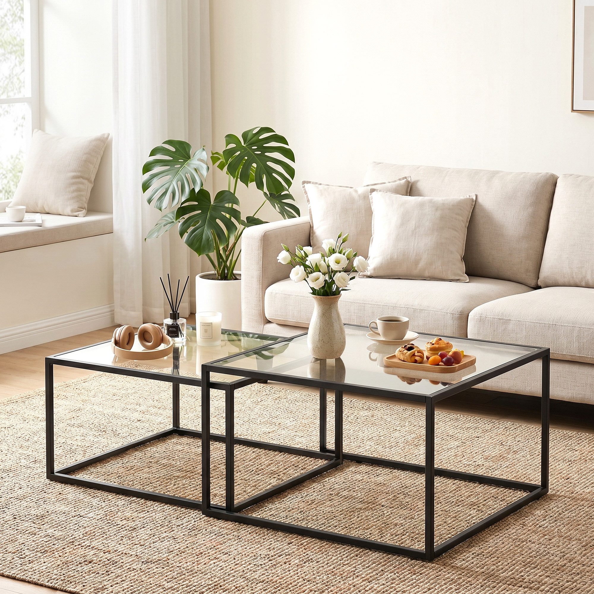 HOMCOM Couchtisch 2er-Set Satztische (Set, 2-St., 2er-Set), Platzsparend stapelbar, robustes Metallgestell