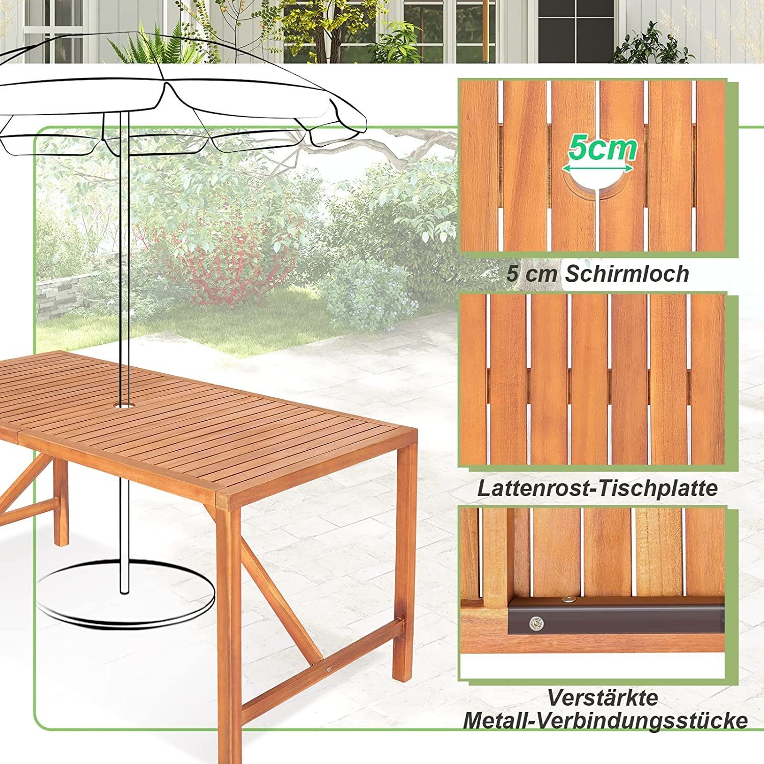 COSTWAY Gartentisch, mit Schirmloch, Akazienholz für 68 Personen