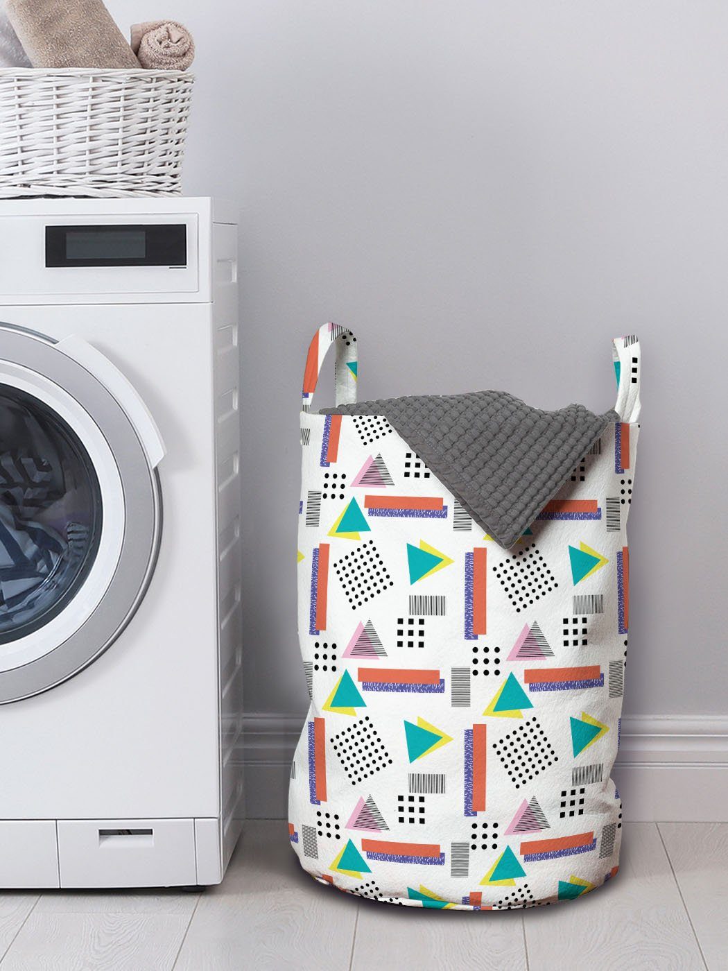 mit Griffen Waschsalons, Abakuhaus Retro-Art-Muster für Altes Kordelzugverschluss Wäschesäckchen Jahrgang Wäschekorb