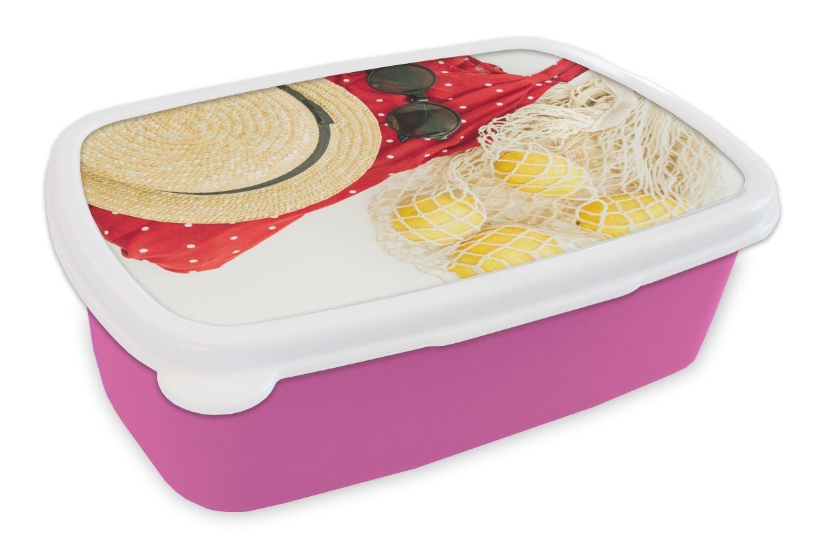 MuchoWow Lunchbox Sommer - Sonnenbrille - Hut, Kunststoff, (2-tlg), Brotbox für Erwachsene, Brotdose Kinder, Snackbox, Mädchen, Kunststoff rosa