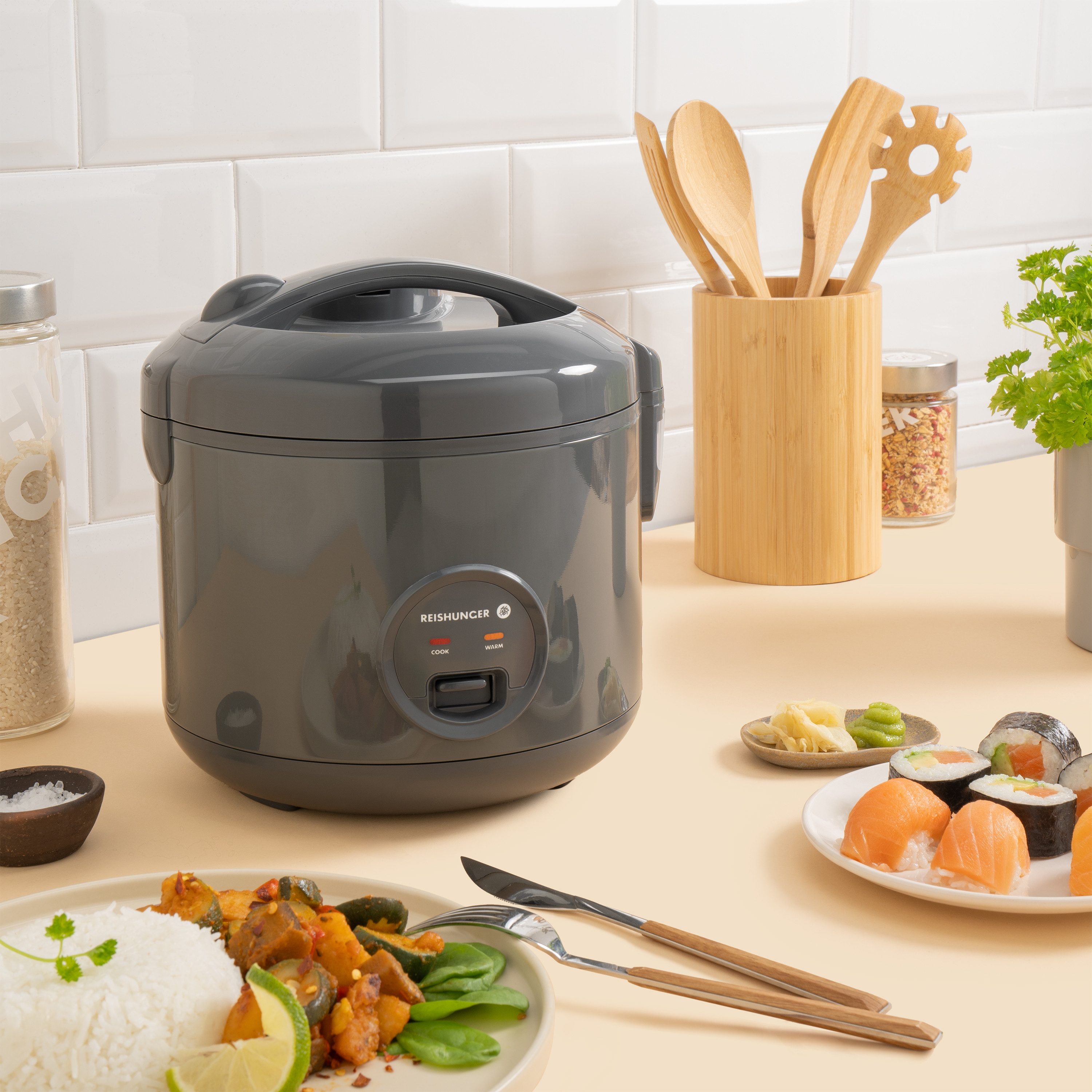 Reishunger Reiskocher Basismodell – 1,2 L – Für 1-6 Personen – Zubereitung ohne Anbrennen –, 500 W, Mit Dampfgarfunktion & Warmhaltefunktion