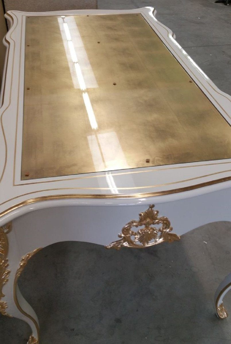 - in handgefertigter mit Barock - Schreibtisch Barock - Luxus Casa Luxus Made / Schreibtisch Bürotisch Padrino - Italy Glasplatte Gold Prunkvoller Qualität Büromöbel Weiß Massivholz