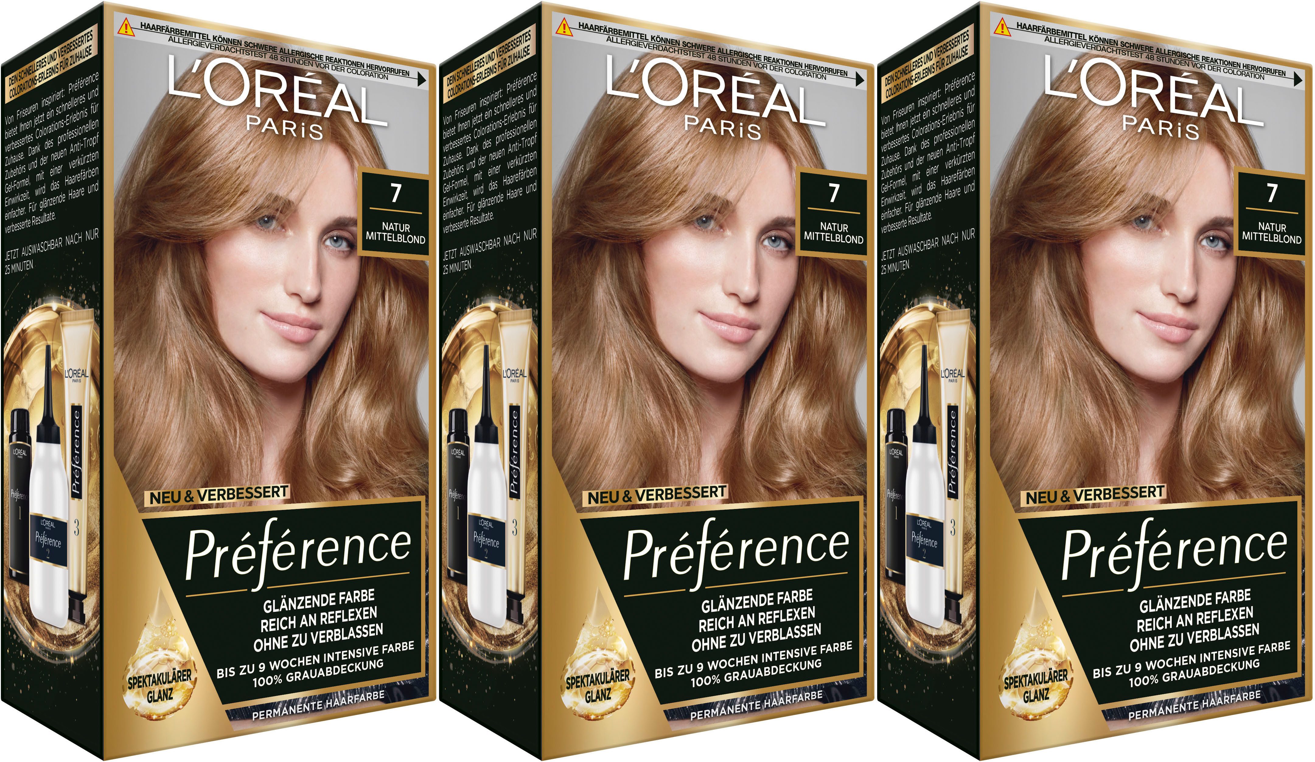 L'ORÉAL PARIS Coloration PRÉFÉRENCE HAARFARBE, Packung, 3-tlg., dauerhafte Haarcoloration mit 100% Grauabdeckung
