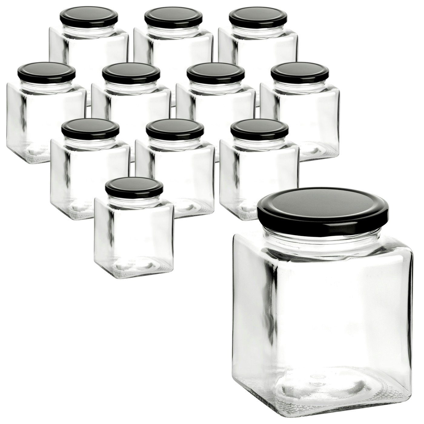 gouveo Einmachglas 500 ml Glas eckig mit Schraub-Deckel schwarz - Leeres Schraubglas, (12-tlg), Schraubenglas zum Befüllen