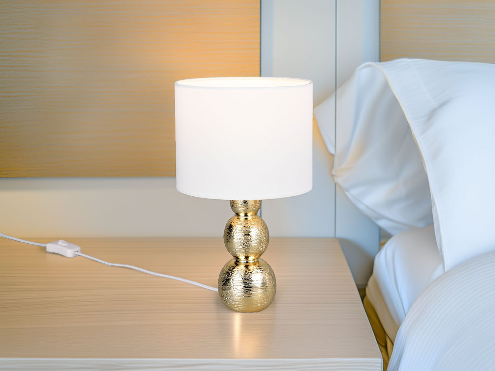 Reality Leuchten LED Nachttischlampe aus Keramik mit Stoffschirm Weiß H: 29cm, Dimmfunktion, LED wechselbar, warmweiß, Tischlampe Design-klassiker Lampenschirm  – Bild 5 von 5