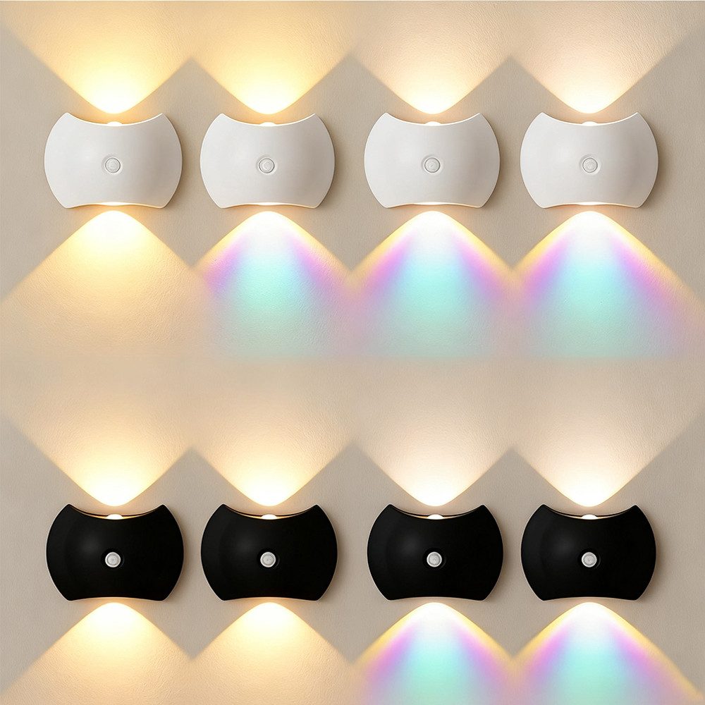 PRIISF Nachtlicht Wandleuchte ohne Stromanschluss Bewegungsmelder Akku Wandlampe Innen, USB-Aufladbare, Wand Lampe Batterie Flur Прожекторы Licht Up Down Kabellos Treppenlicht, RGB, Sonnenuntergangs Lichteffekt, 3000K Warmweiß, 4500K Neutralweiß, 6500K Tageslichtweiß, LED Wandbeleuchtung Wandlicht für Treppe Flur Wohnzimmer Schlafzimmer
