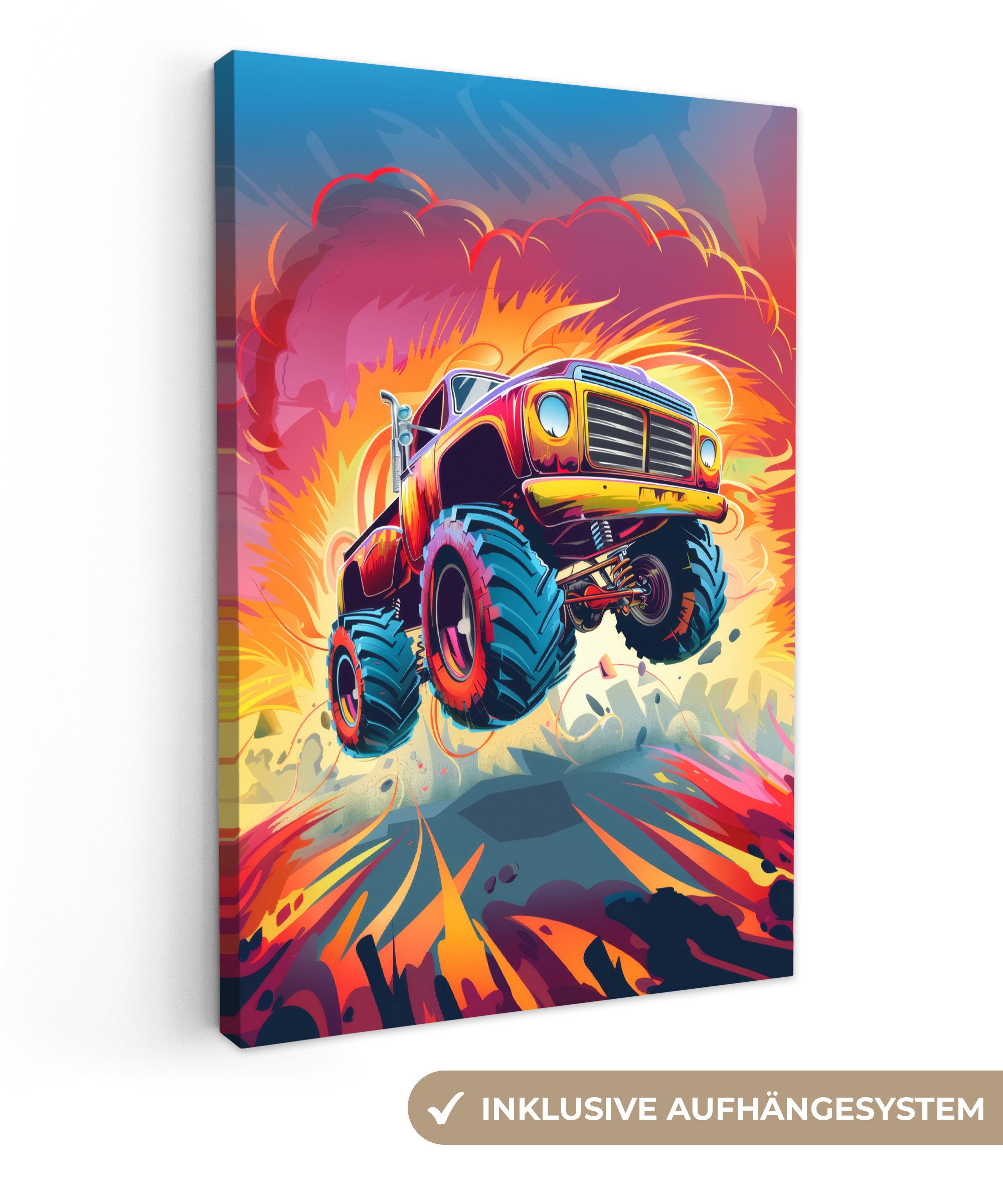 OneMillionCanvasses® Leinwandbild Monstertruck - Auto - Jungen - Farbenfroh, Fotodruck (1 St), Teenager Zimmer Bild, Jugendzimmer Deko, Kinder Wanddeko, 20x30 cm