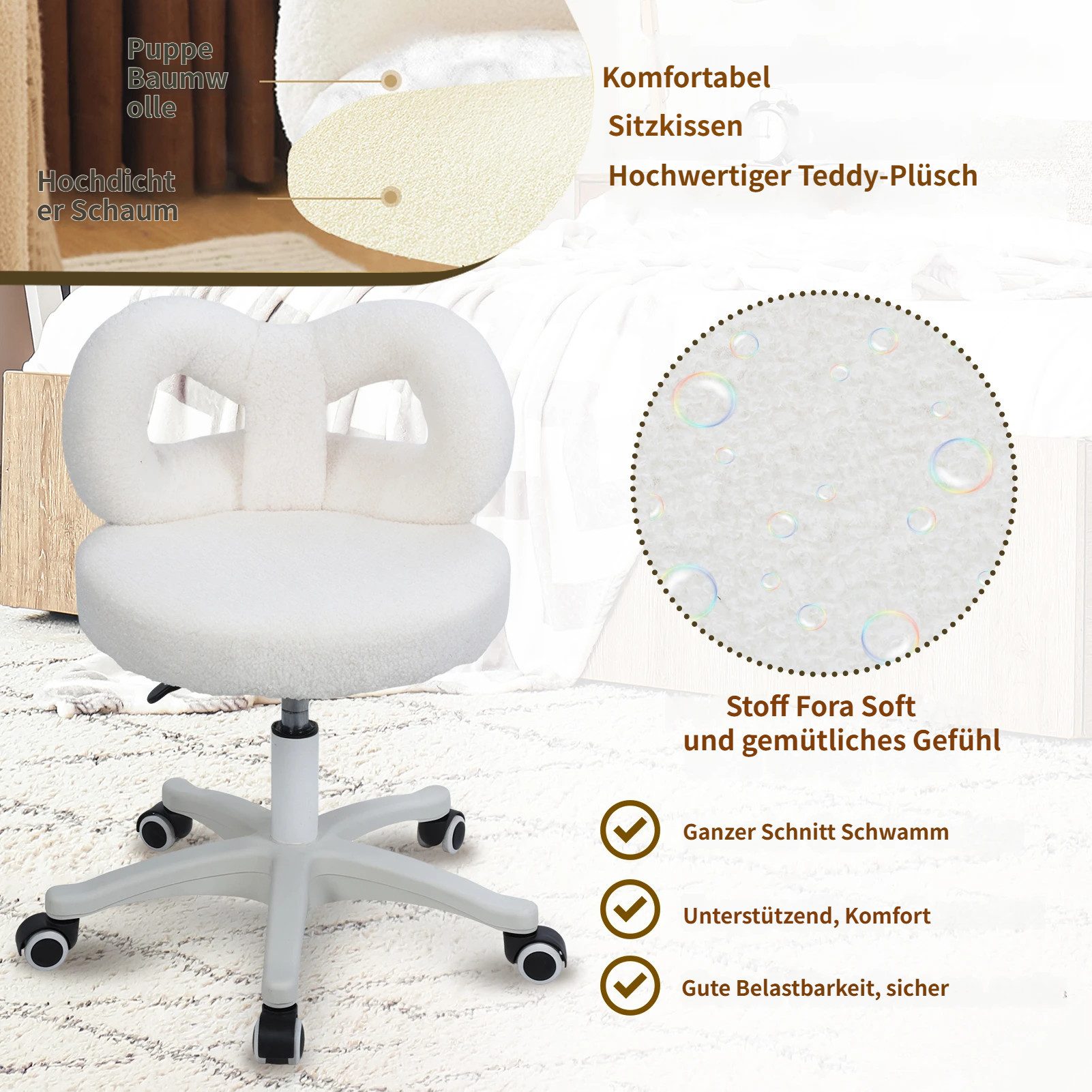 Rutaqian Drehstuhl Drehbarer Schminkstuhl mit Höhenverstellung,Plüschbezug und Schleife, Drehbarer Schminkstuhl Höhenverstellbar 21,67 "bis 25,61"