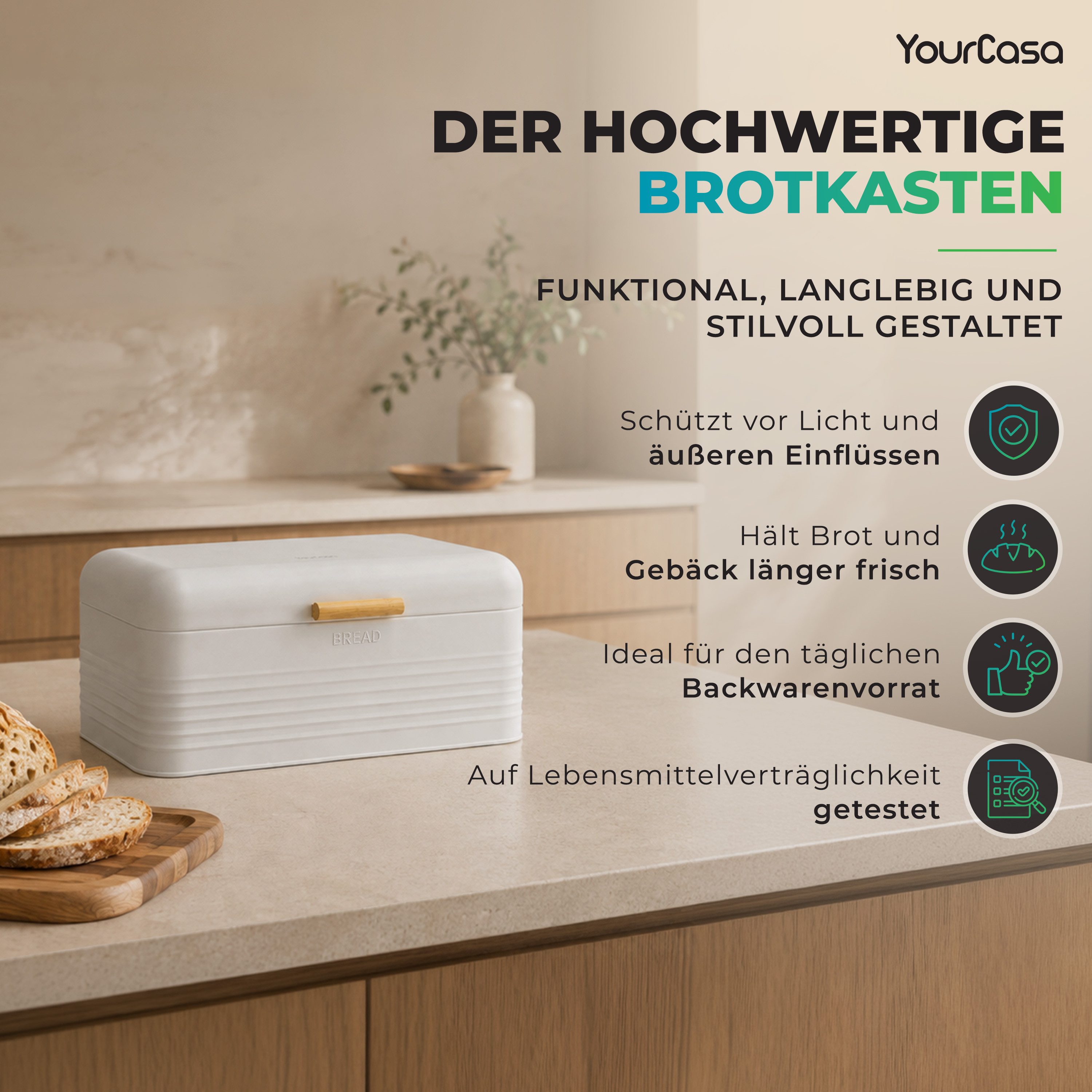 YourCasa Brotkasten YourCasa Skani Brotbox Metall Retro mit Bambus-Griff, Bambusgriff, retro Design, Pulverbeschichtetes Metall – Bild 2 von 5
