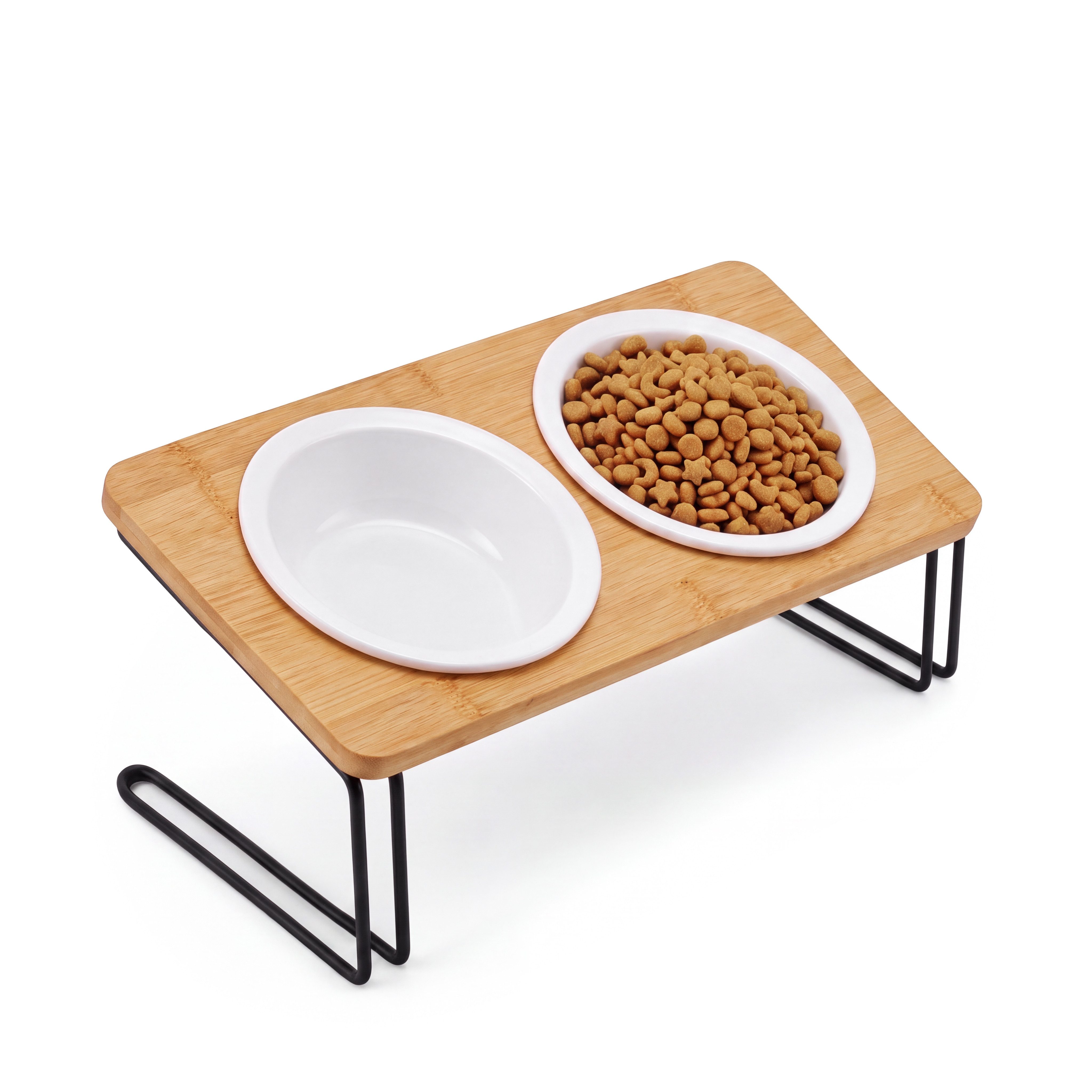 Penelife Futterstation mit 2 Keramik Näpfen und Bambus Ständer - Fressnapf Katzennapf, Keramik, 15 Grad gekipptes Design - Hundenapf Erhöht (12 cm) - Selber aufbauen