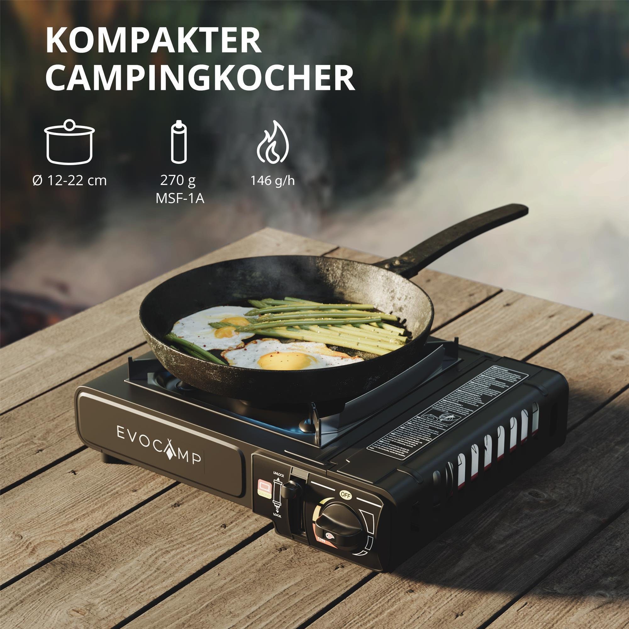 EVOCAMP Gaskocher 1-flammig mit Piezozündung und Tragekoffer für 227 Gaskartuschen, (Campingkocher ohne Gaskartuschen, 1-St., stufenlos regulierbare Flamme, tra – Bild 2 von 5