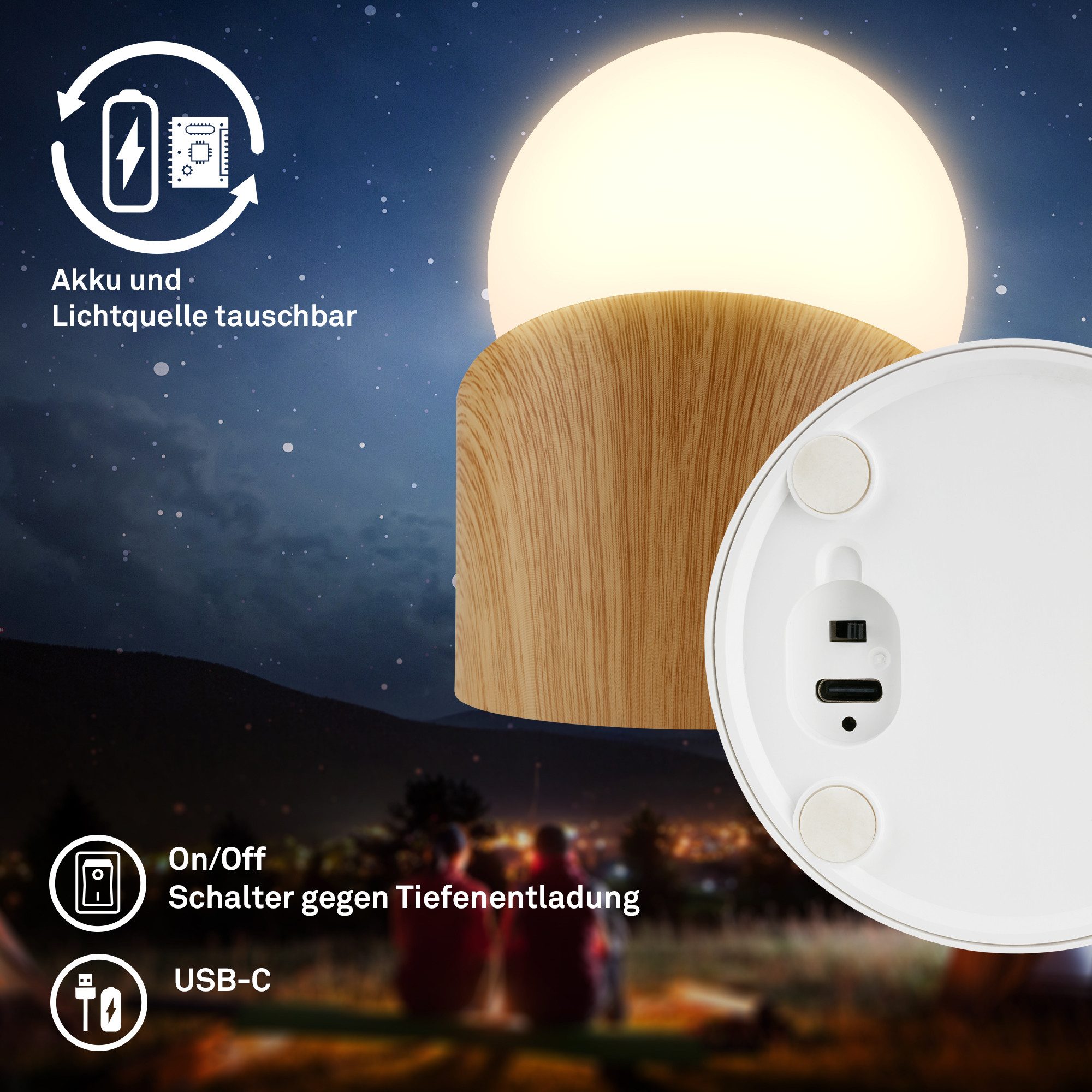 Briloner Leuchten LED Außen-Tischleuchte SORA, Dimmfunktion, LED fest integriert, Warmweiß, kabellos 10x8x9cm Holzfarben 2W Kinderzimmer Outdoor Außen 2er-Set – Bild 4 von 5