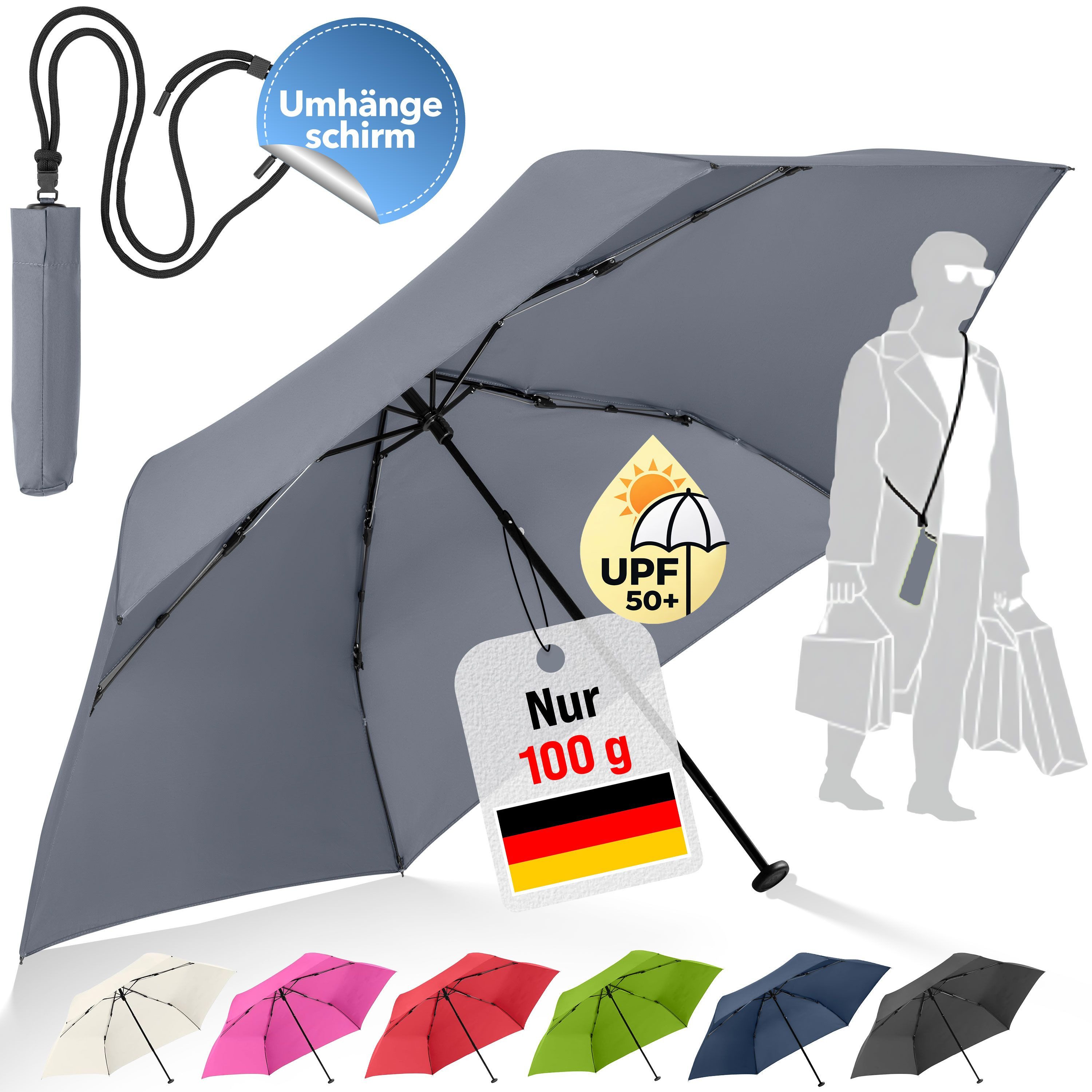 FARE Taschenregenschirm FiligRain ToGo, inkl. Umhängetasche, 100g leicht, Umhängeschirm, UPF 50+, Windproof-PLUS, Recyclingbezug, 88 cm