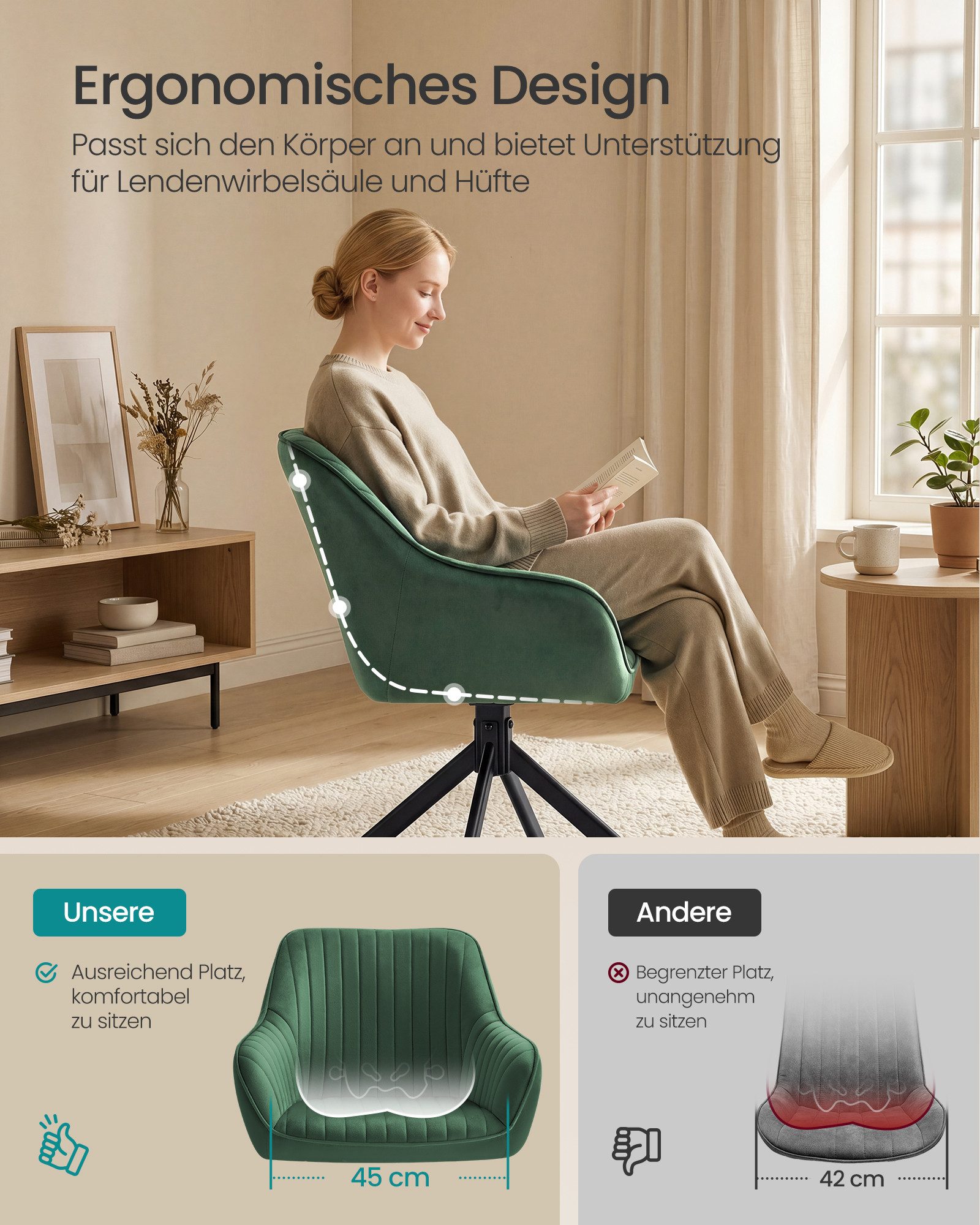SONGMICS Esszimmerstuhl Esszimmerstuhl 360° drehbar, Küchenstuhl, Sessel drehbar, Samt (6 St), bis 120 kg belastbar, für Esszimmer, Küche, mit Armlehnen, Stahlb – Bild 3 von 5