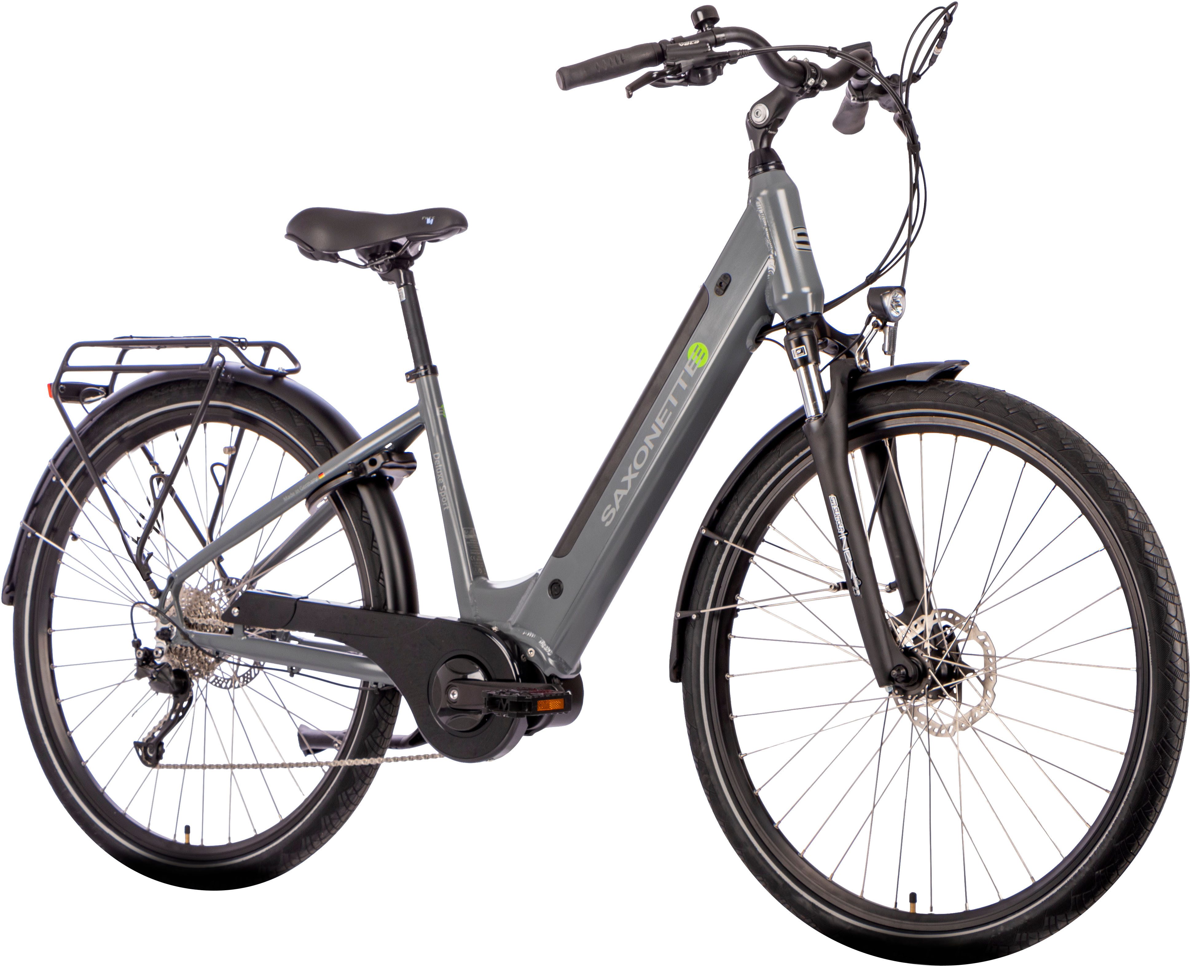 SAXONETTE E-Bike Trekkingrad E-Bike Cityrad Deluxe Sport (Wave), 9 Gang Shimano Alivio Schaltwerk, Kettenschaltung, Mittelmotor, 418 Wh, (Packung), (mit integr. Akku), Elektrofahrrad für Damen u. Herren