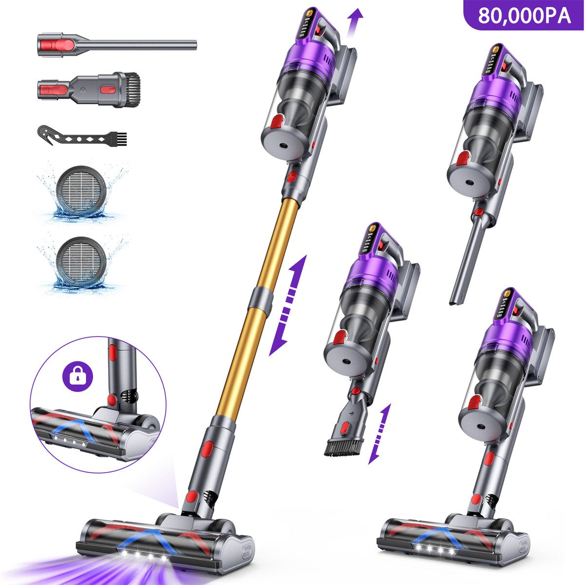 AeroAxis Akku-Hand-und Stielstaubsauger Akku-Stielstaubsauger 80000Pa Saugkraft, 75Min Laufzeit, Selbststehend, 680 W, beutellos, Anti-Tangle-Bürste für Tierhaare & Teppich, 1,8L Große Staubbehälter