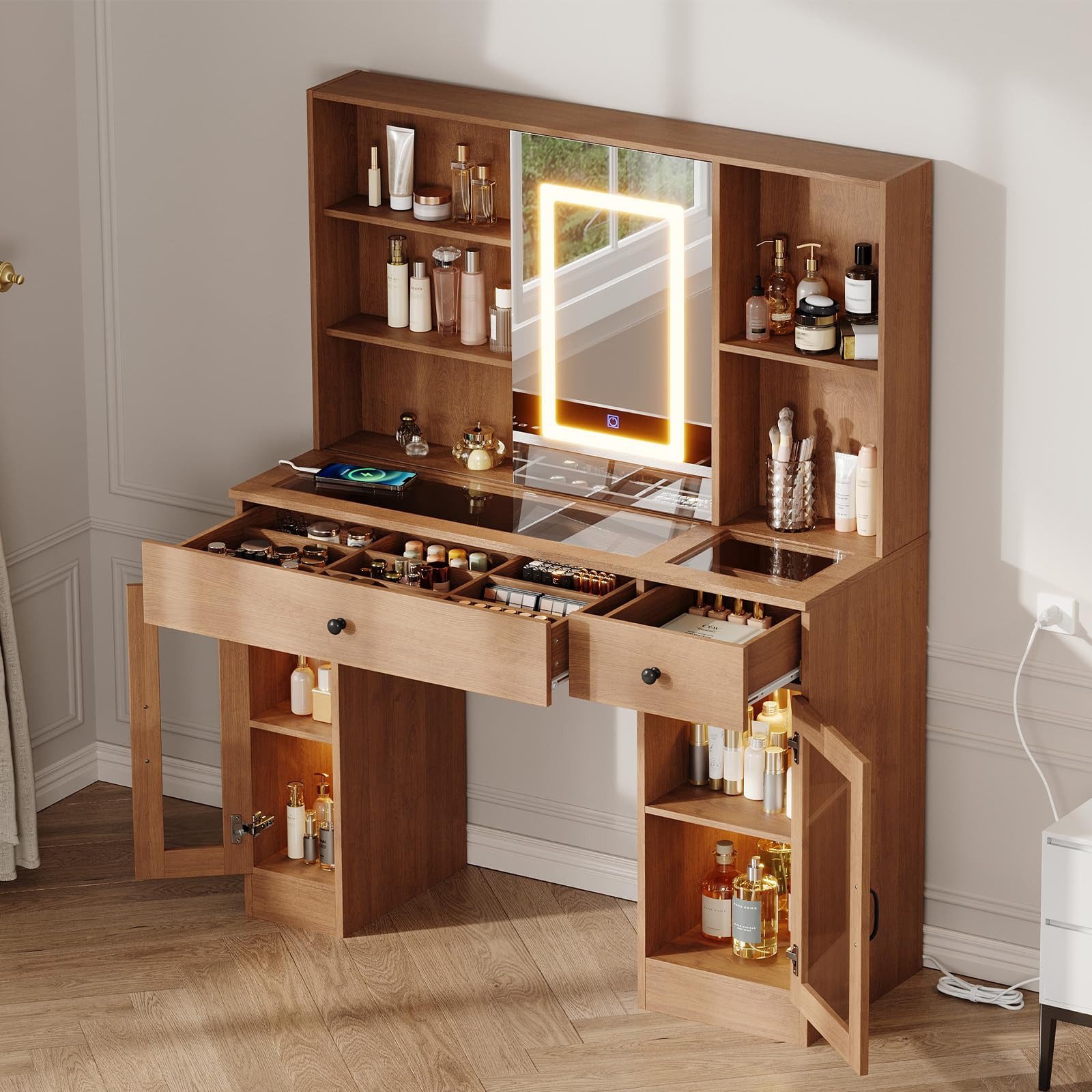 GarveeMore Schminktisch mit Schiebespiegel & Glasplatte & Glastürchen, 3-farbiges LED Licht (Weiß/Braun, integrierte Steckdosenleiste), 5 offene Fächer & 2 Schubladen (große mit 9 Fächern) & 2 Schränke