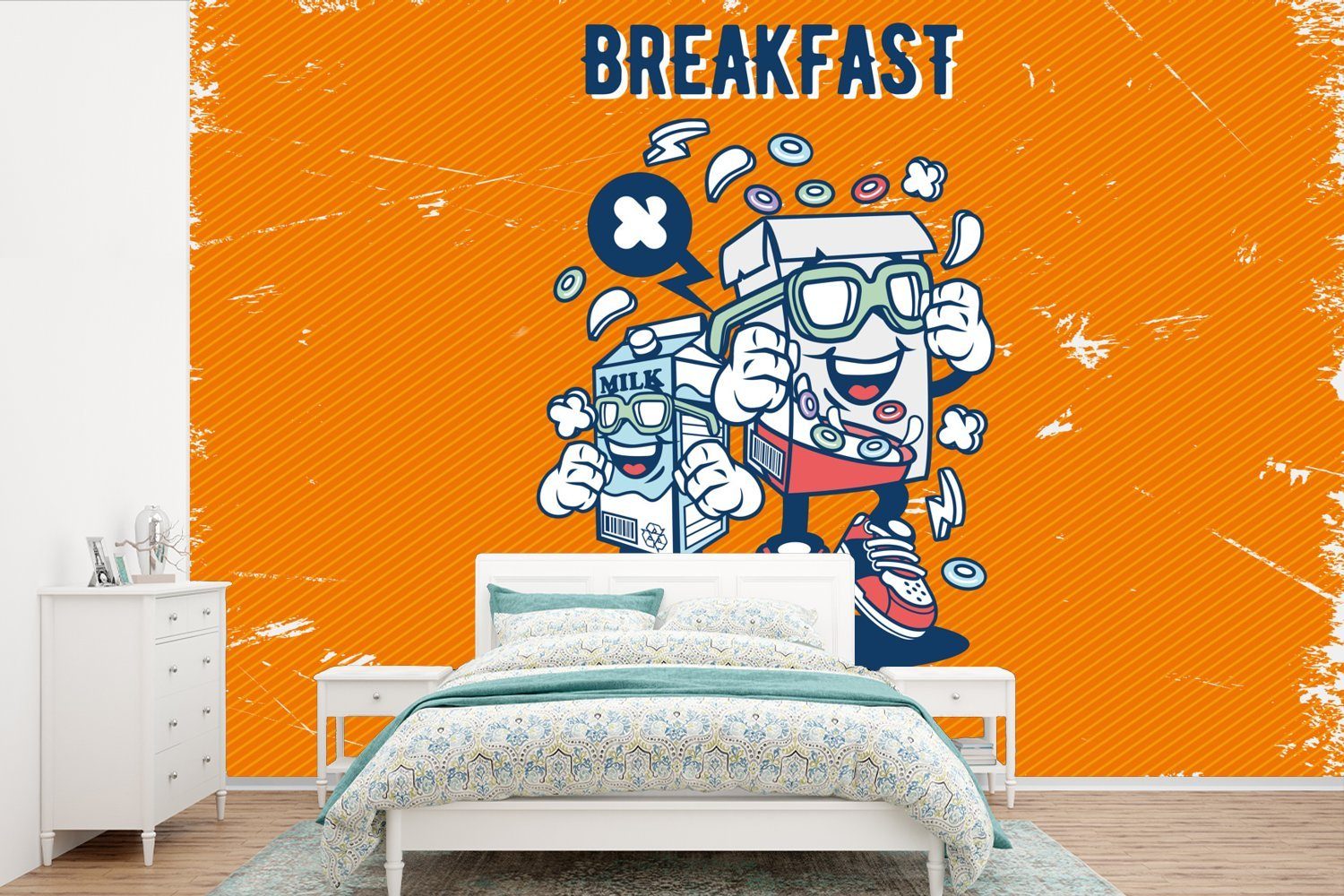 MuchoWow Fototapete Jahrgang - Milch - Cornflakes, Matt, bedruckt, (6 St), Wallpaper für Wohnzimmer, Schlafzimmer, Kinderzimmer, Vinyl Tapete