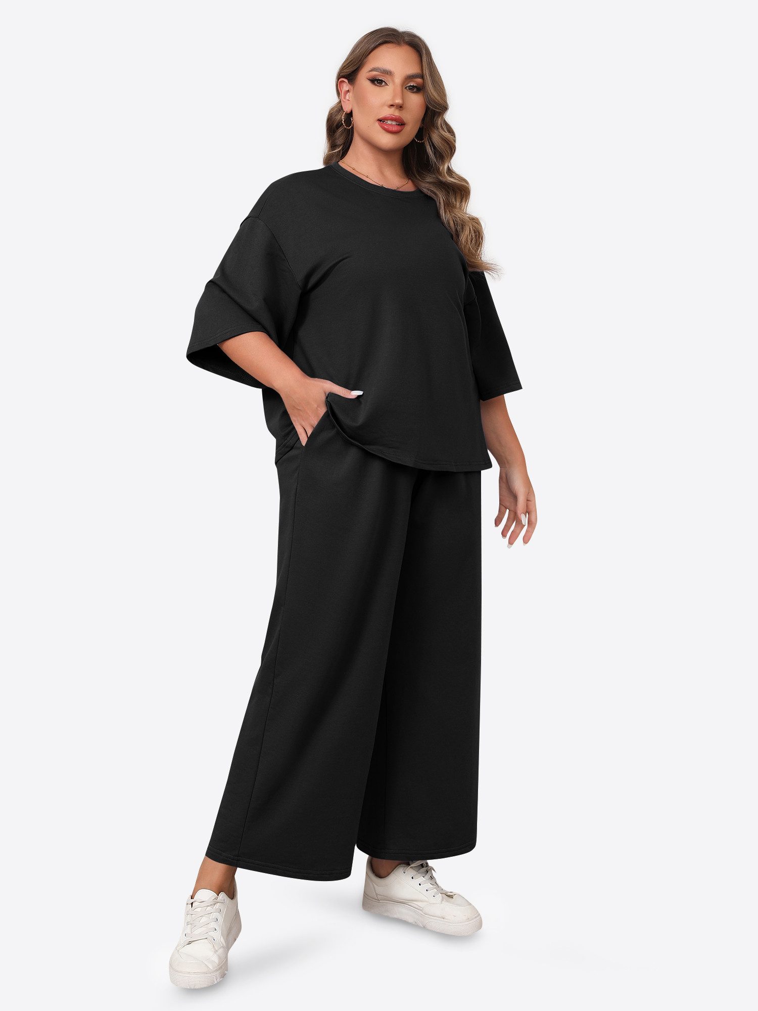 Imily Bela Hausanzug Damen Schlafanzug 2-teiliger in Übergröße (Set, 2 tlg., 3/4-Arm Bluse + Weite Hose) in Unifarbe