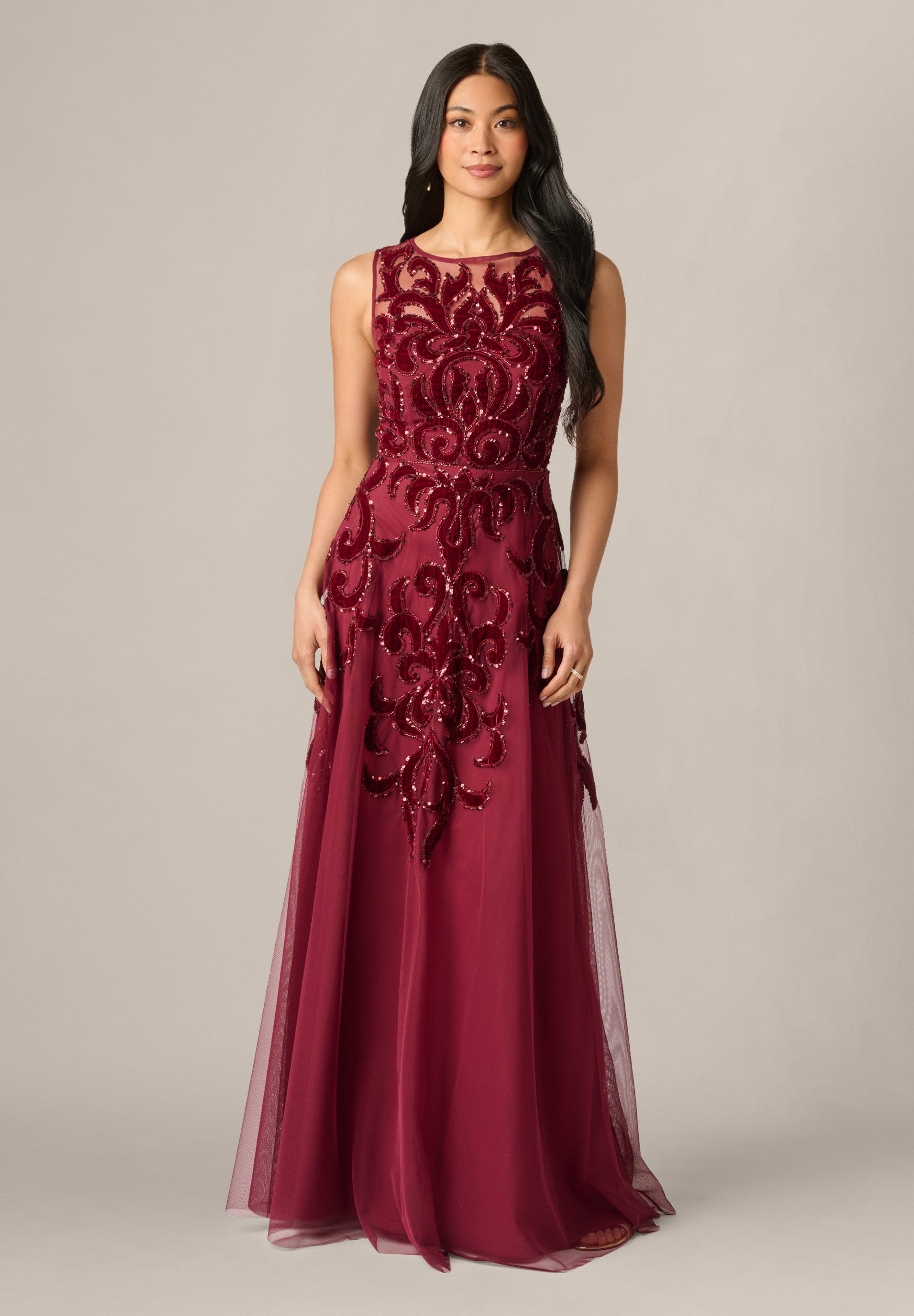 Adrianna Papell Abendkleid Illusion Bead Mesh Long Dress Elegantes und schimmerndes Samtkleid mit Perlenstickerei