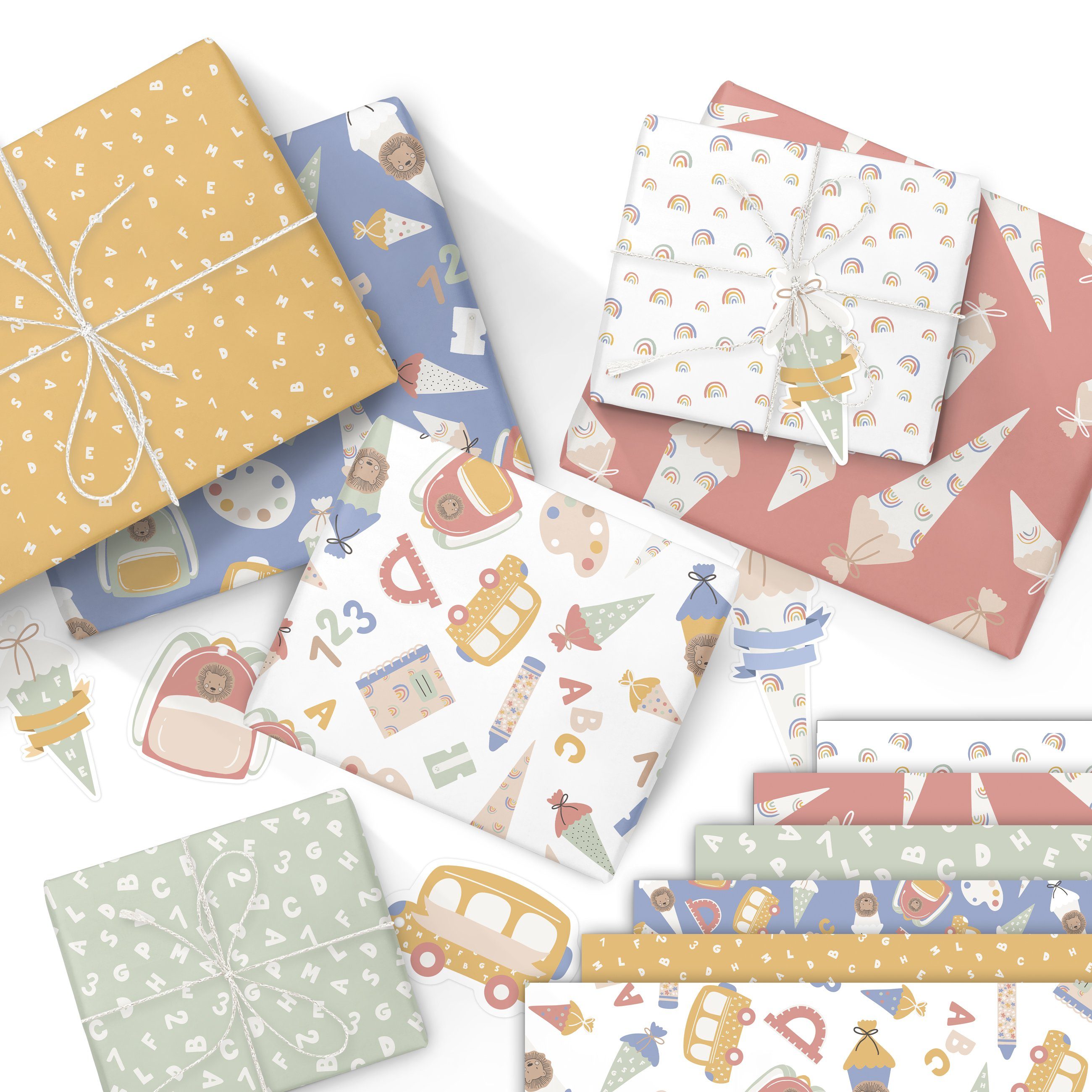 PAPIERDRACHEN Geschenkpapier Geschenkpapier zur Einschulung - verschiedene Motive, doppelseitig bedruckt und Anhänger mit Baumwollschnur