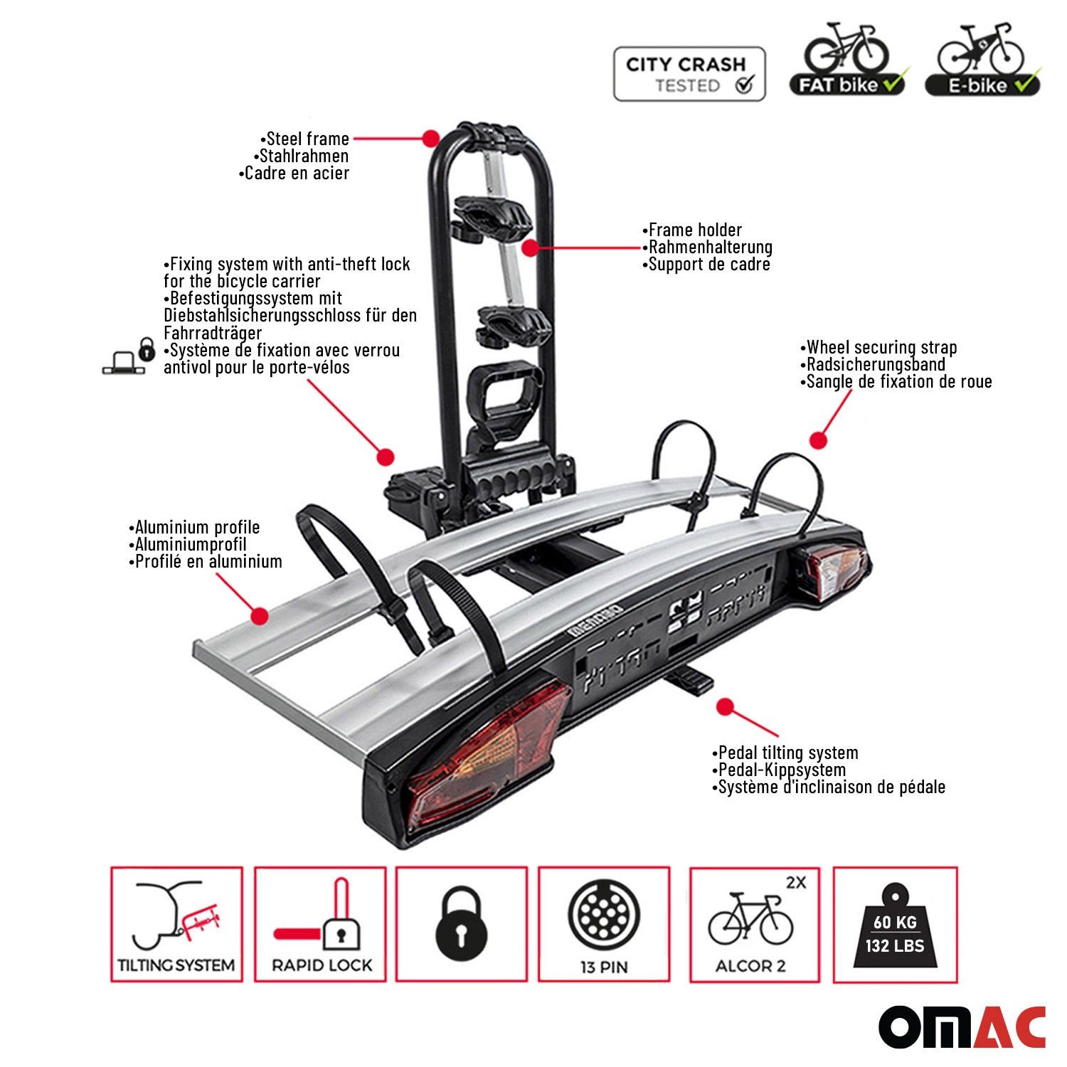 OMAC Fahrrad-Deichselträger Fahrradträger Anhängerkupplung E Bike 2 Fahrräder