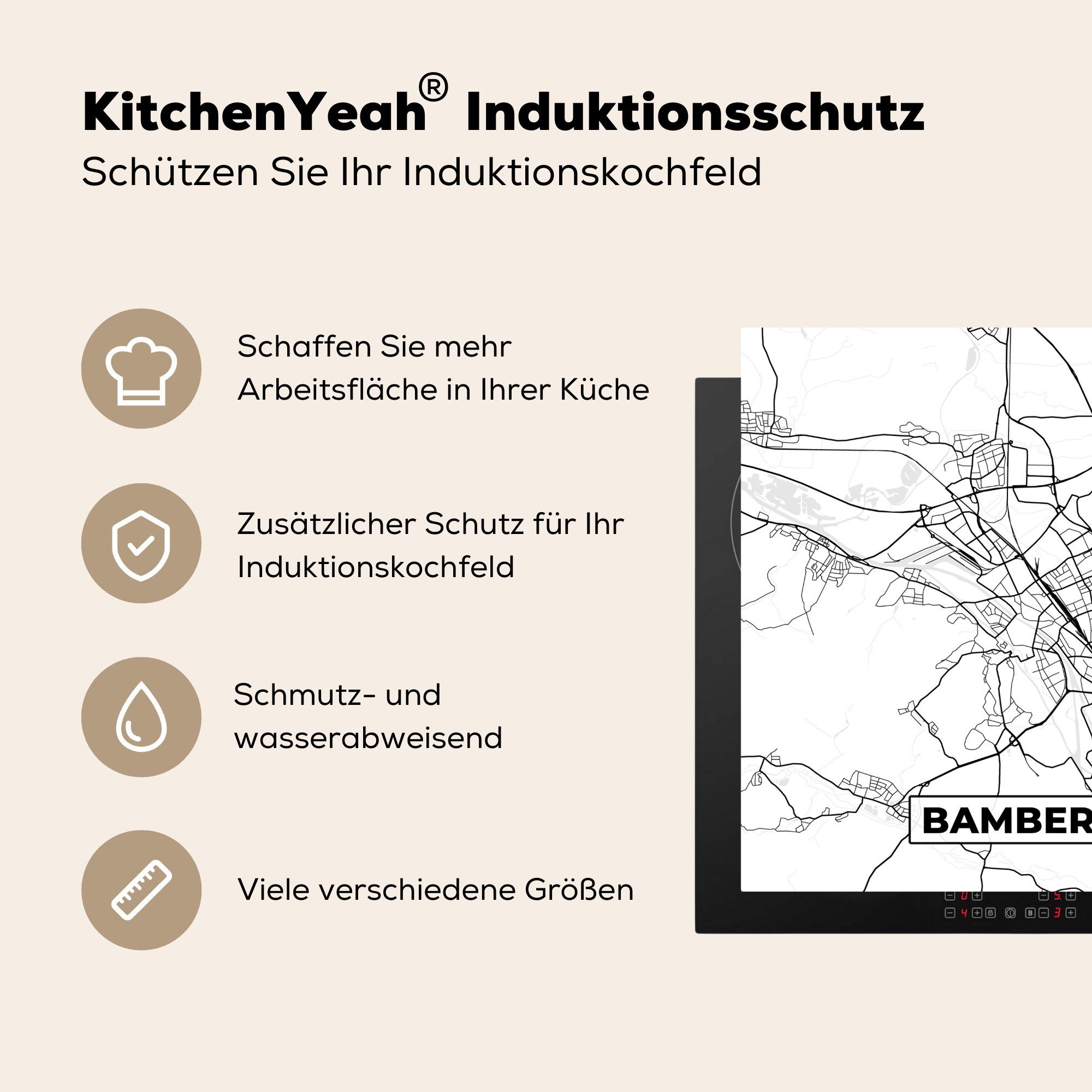 78x78 tlg), MuchoWow Bamberg Vinyl, Stadtplan, Karte Herdblende-/Abdeckplatte Ceranfeldabdeckung, - für Arbeitsplatte (1 küche - cm,