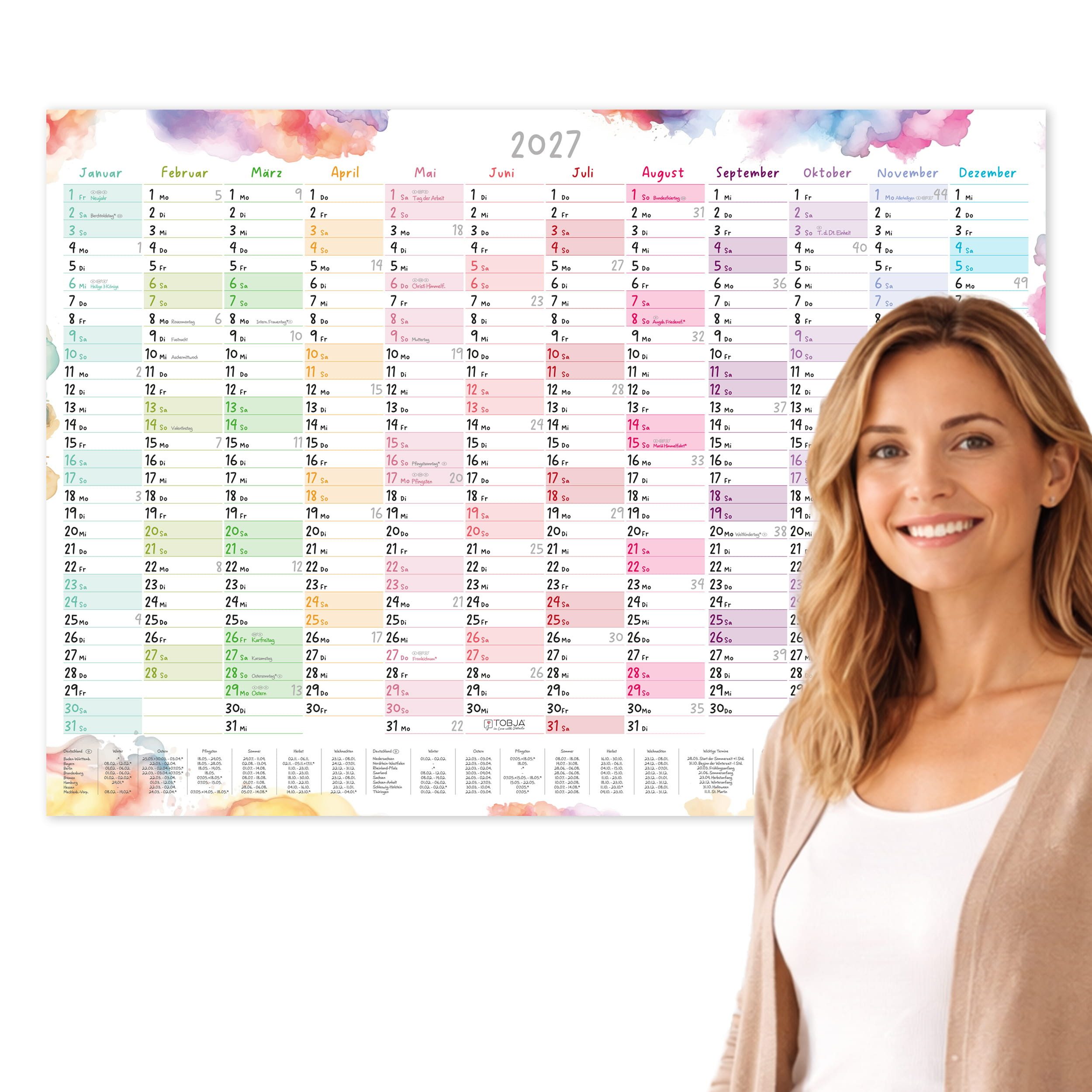 TOBJA Wandkalender Wandkalender 2027 A2 Aquarell Splash – Jahresplaner quer, Aquarell Pastell, Schulferien DE+AT, KW, Rückseite Planung