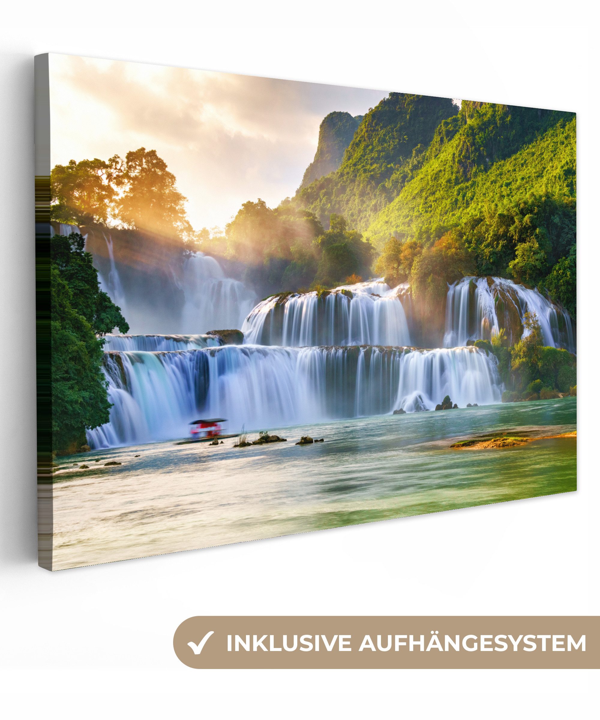 OneMillionCanvasses® Leinwandbild Wasserfall - Pflanzen - Sonne - Wasser - Natur, Fotodruck (1 St), Leinwand Bilder Klein, Wand Dekoration Aesthetic 30x20 cm