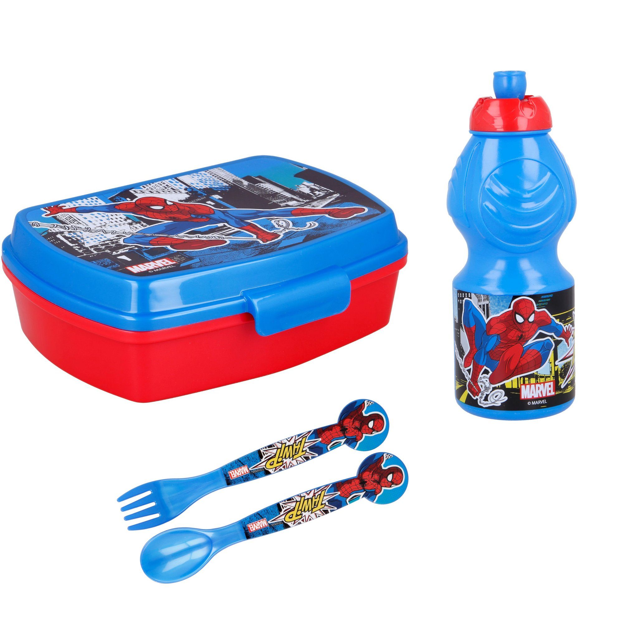 MARVEL Lunchbox Spiderman 4 teiliges - (4-tlg) Trinkflasche Besteck, Set Brotdose