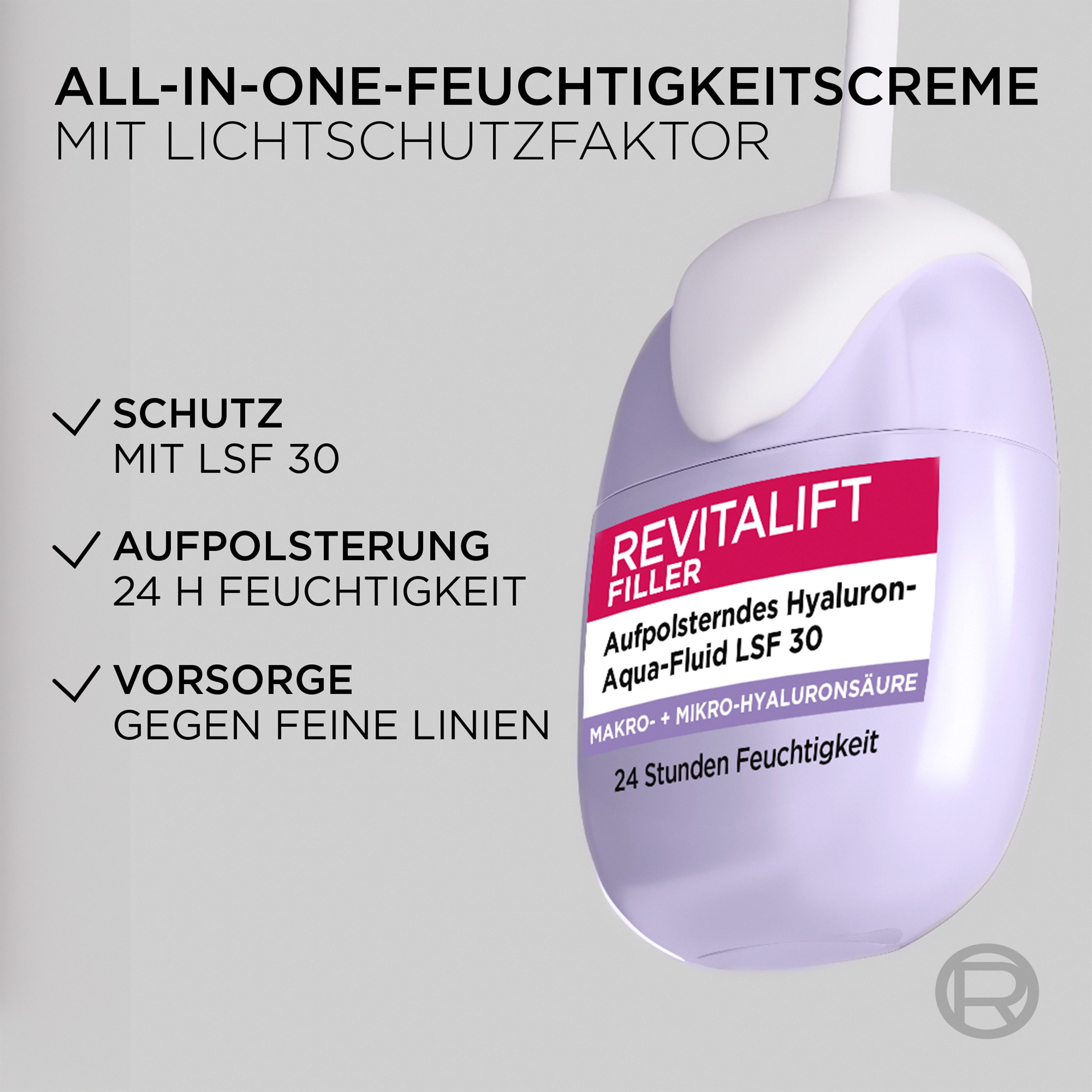 L'ORÉAL PARIS Gesichtsfluid REVITALIFT FILLER AUFPOLSTERNDES HYALURON AQUA-FLUID LSF 30, verfeinert das Hautbild