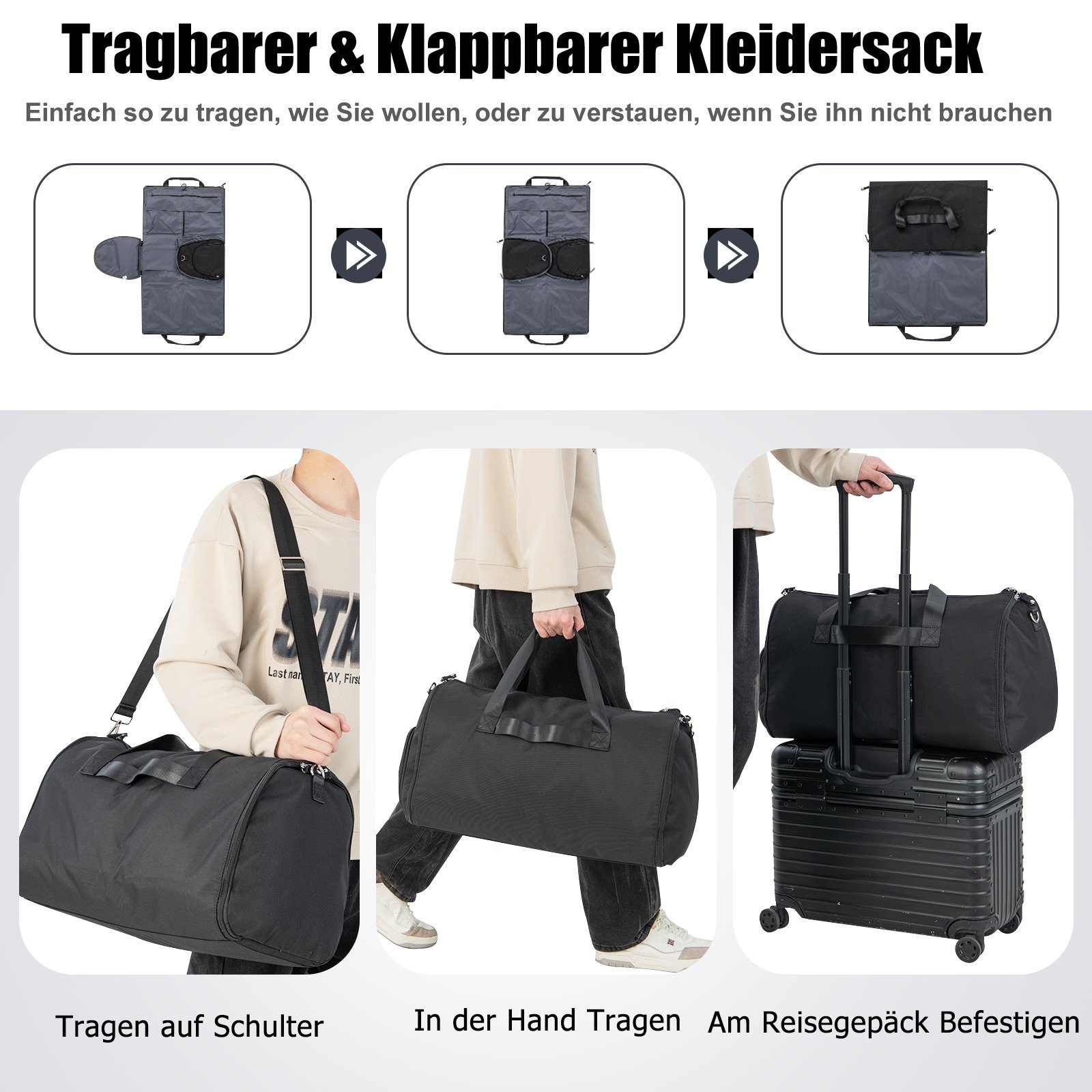 Schultergurt & Schuhfach Kleidersack, mit 50L, COSTWAY Schwarz Reisetasche, 2in1