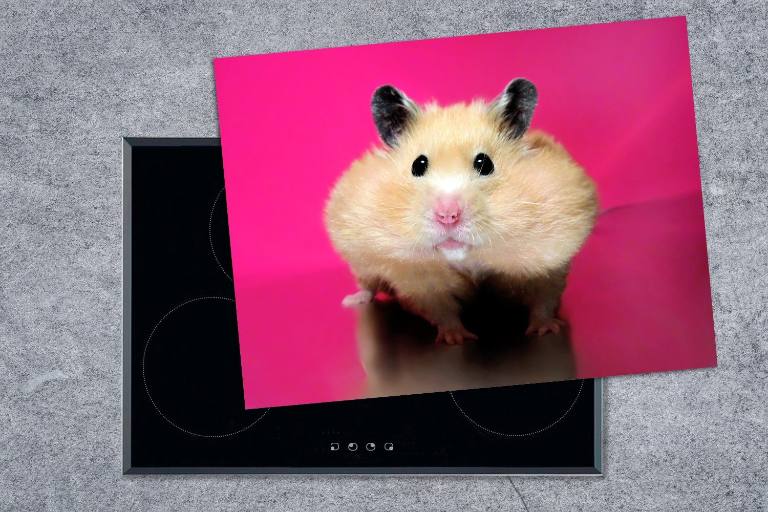 Arbeitsfläche Hamster cm, (1 rosa Hintergrund, tlg), nutzbar, mit 70x52 Herdblende-/Abdeckplatte Mobile Vinyl, Ceranfeldabdeckung MuchoWow