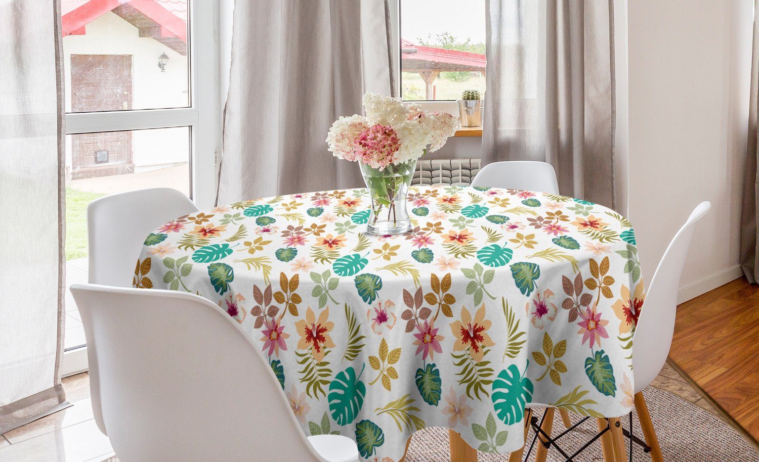 Abakuhaus Tischdecke Kreis Tischdecke Abdeckung für Esszimmer Küche Dekoration, Frühling Flower Buds Fern Monstera | Tischdecken