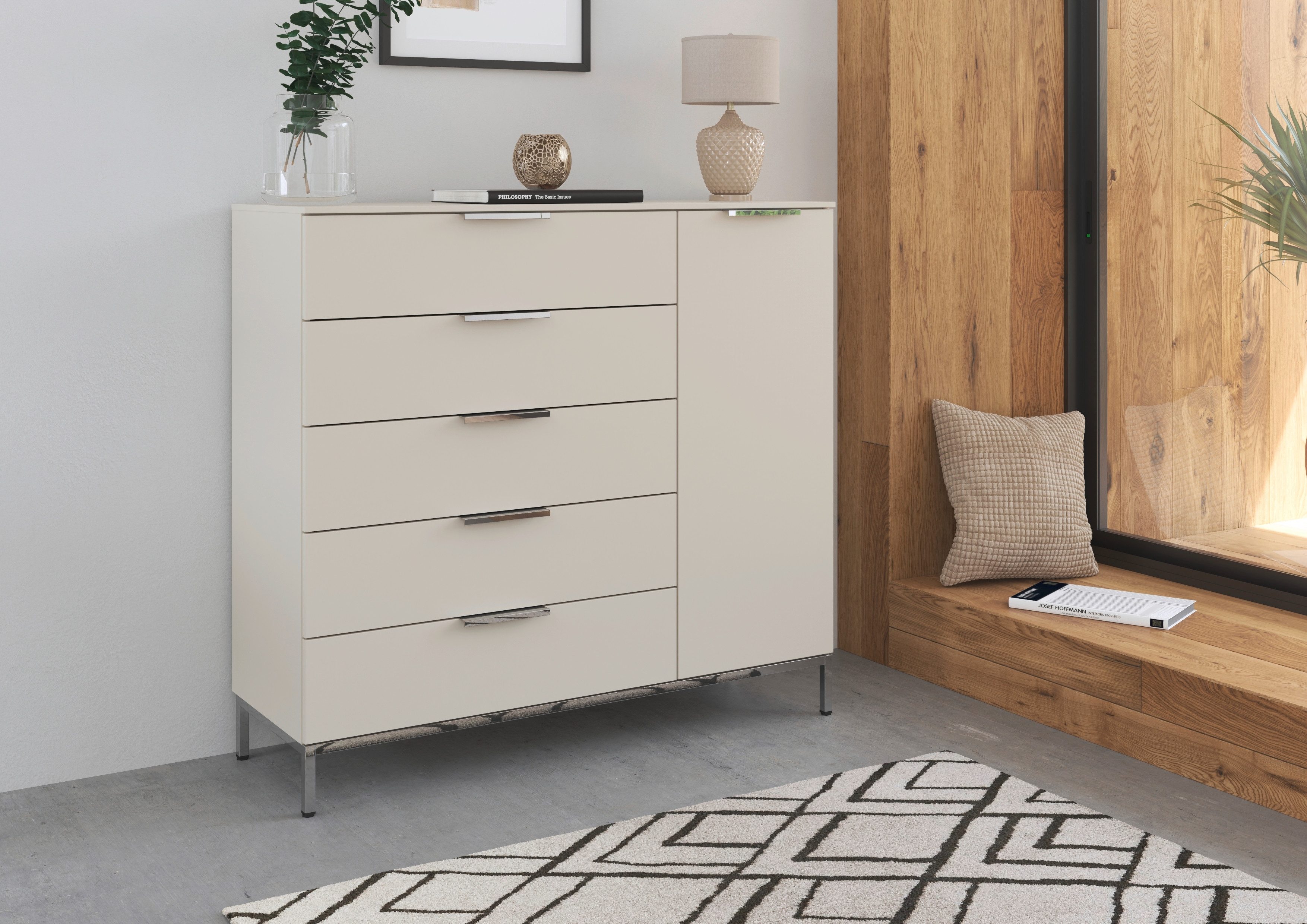 rauch Kombikommode Kommode Türkommode Sideboard Kombikommode FLIPP (Breite 120 cm mit 2 Einlegeböden), 1-türig mit 5 Schubladen und Soft-Close-Funktion