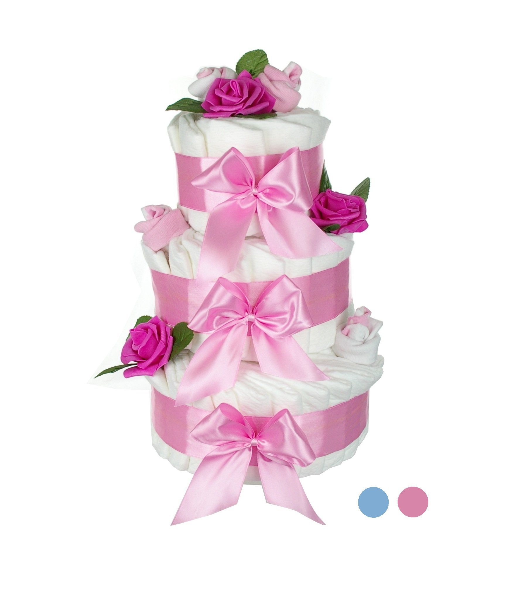 dubistda-WINDELTORTEN- Neugeborenen-Geschenkset XXL Windeltorte Rosenblüte (63-teilig) rosa