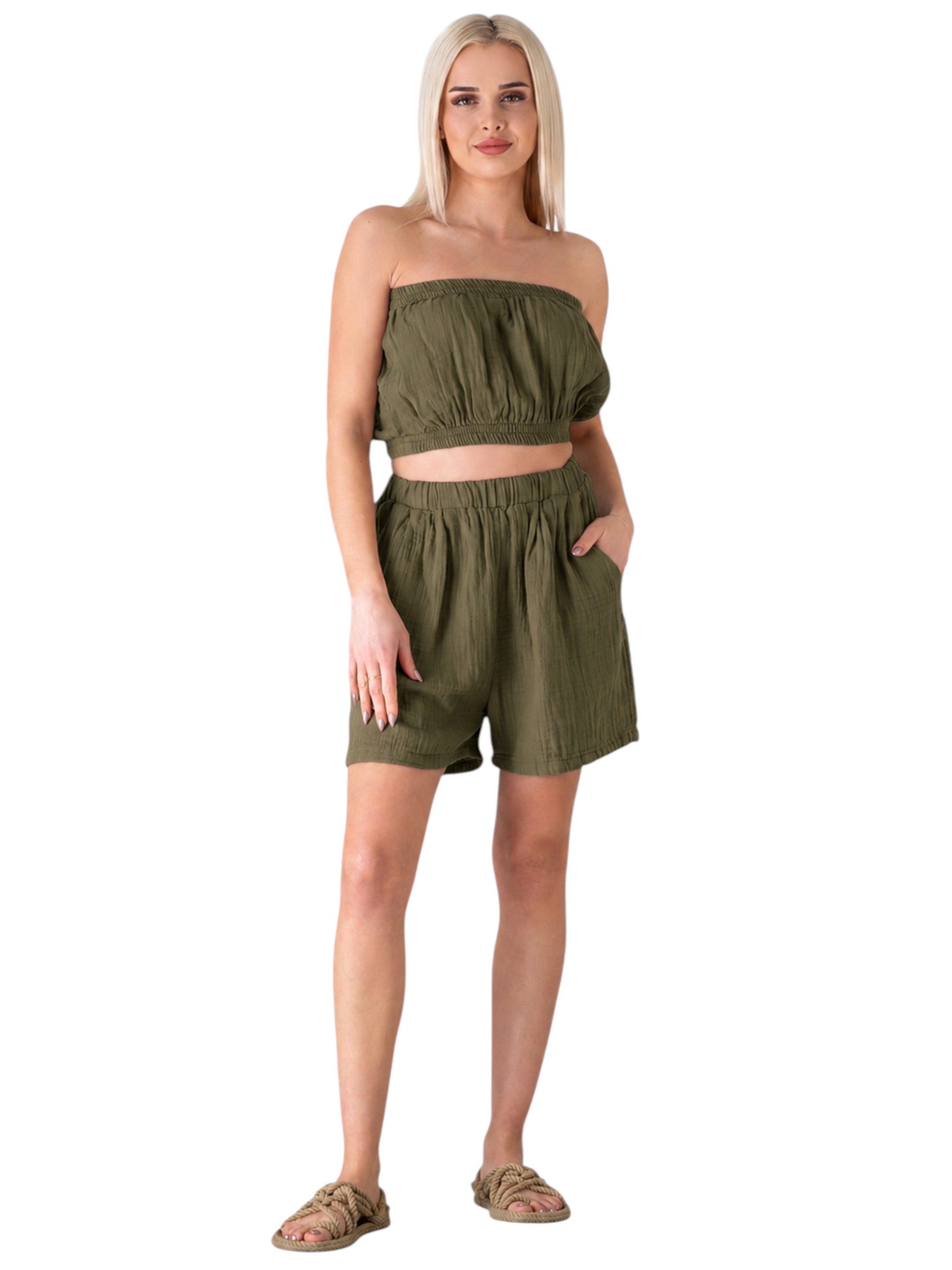 WENOR Shorts Shorts Musselin Sommer-Hose, 100 % Baumwolle, elastischer Bund luftiger Schnitt, mit Komfortbund & Seitentaschen – Bild 2 von 4