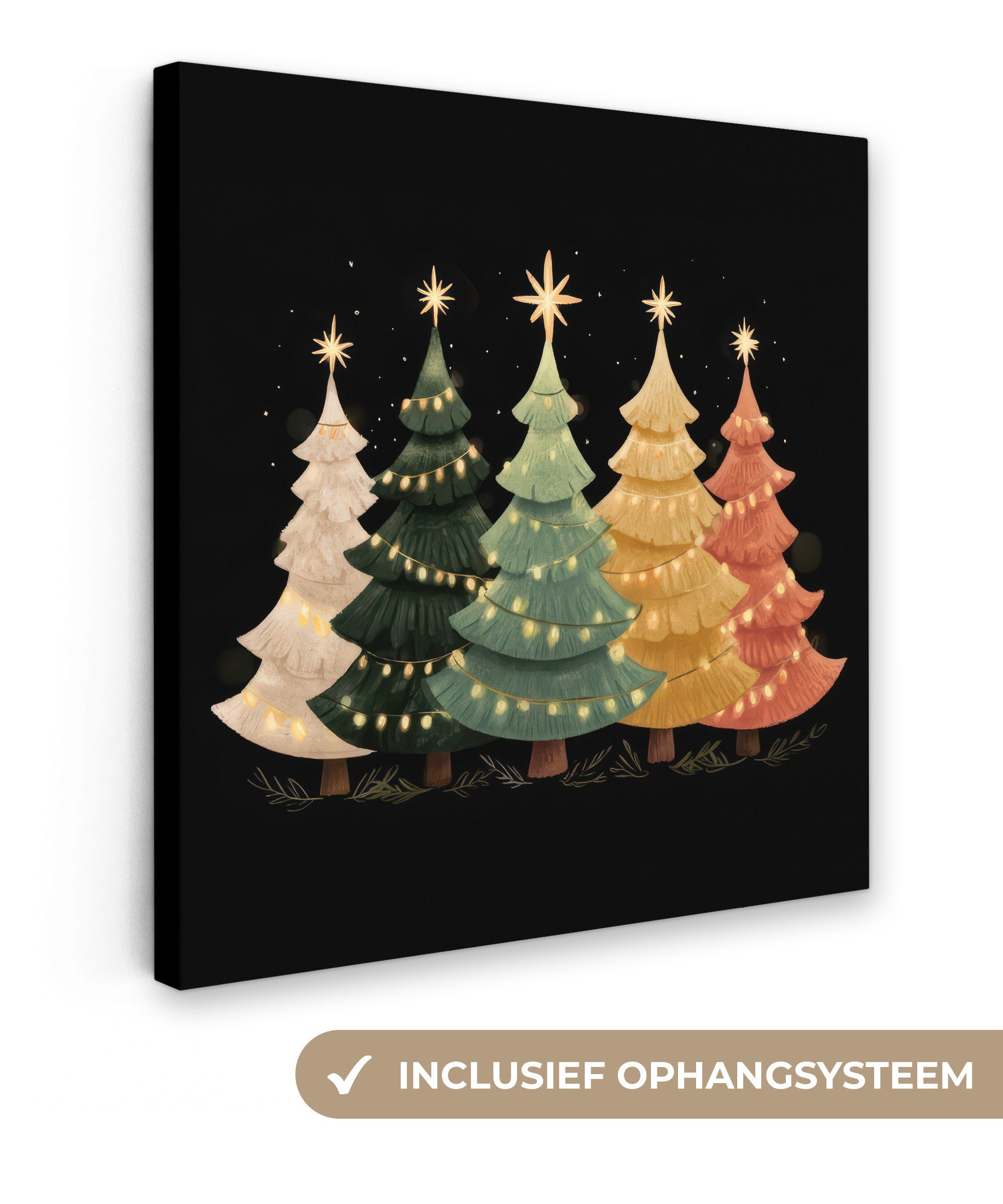 OneMillionCanvasses® Leinwandbild Weihnachtsbäume - Bunt - Lichter - Stern, Fotodruck (1 St), Wandbild, Deko Schlafzimmer Wohnzimmer Flur 20x20 cm