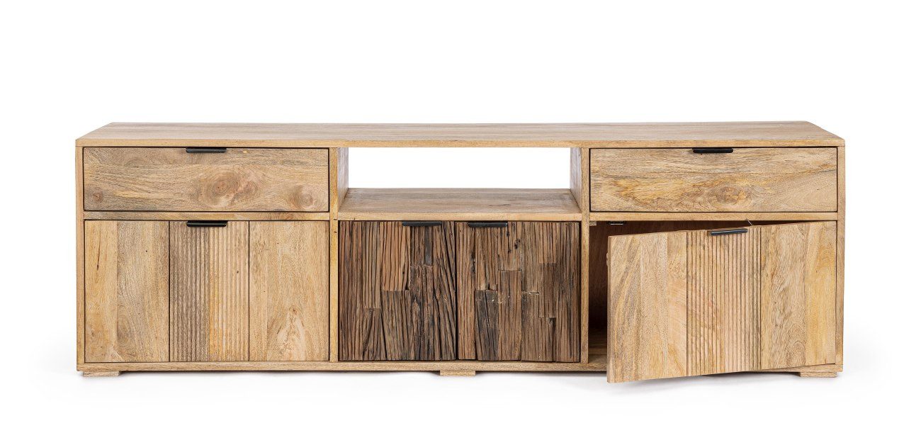 Feeling4Home TV-Board Nashik aus Mangoholz, 175 cm, Türen: 2x Mangoholz, 2x recyceltes Holz, mit Magnetverschluss