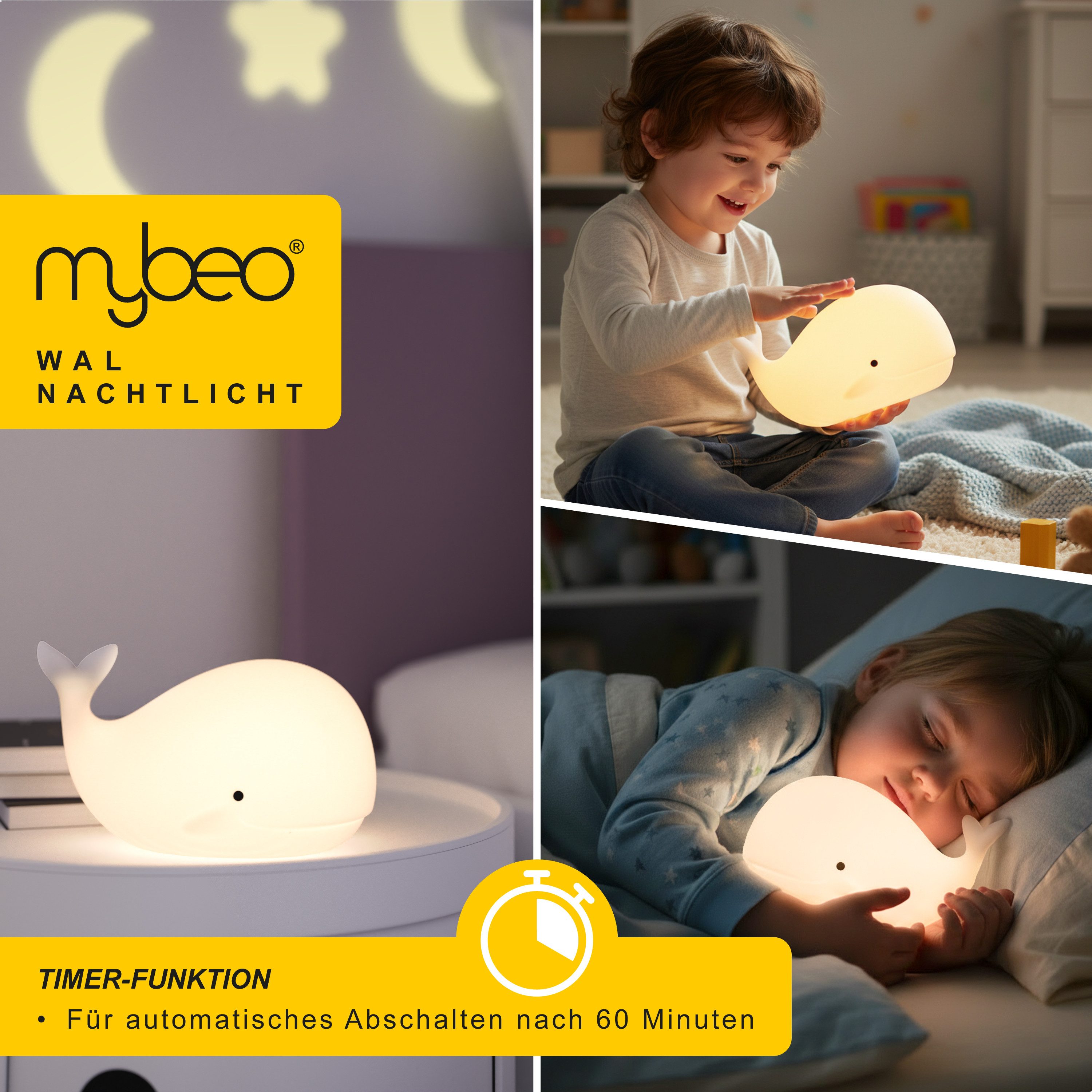 MyBeo LED Nachtlicht für Babys und Kinder, Nachtleuchte mit RGB Farbwechsel, warmweiß, Farbwechsel; Nachtlichtfunktion, LED fest integriert, Warmweiß, Farbwechsler, kleiner Wal, Einschlafhilfe mit Timer 60 Min, batteriebetrieben