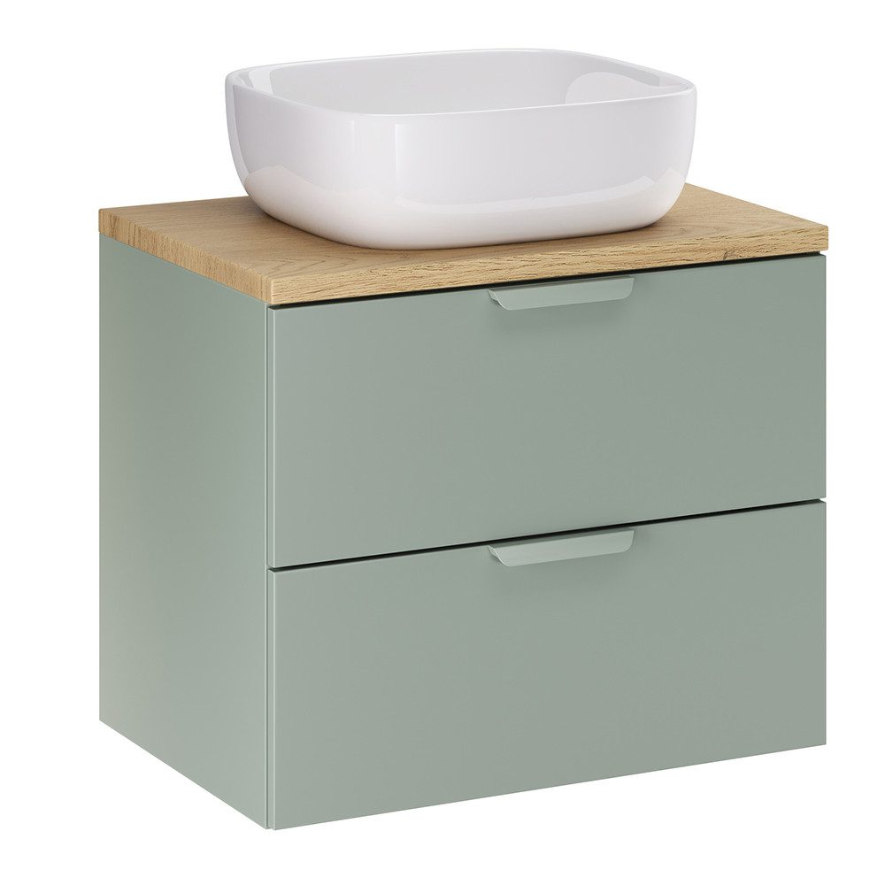 Lomadox Waschtisch ALASSIO-56, 60 cm breit,Waschbecken, Grün matt mit Eiche, 2 Schubladen
