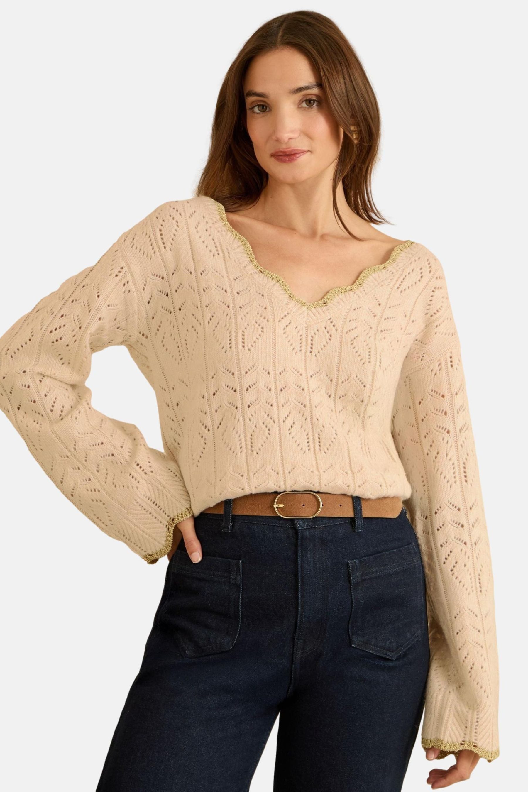 Love & Roses V-Ausschnitt-Pullover Love & Roses Pullover mit Lochstickerei günstig online kaufen
