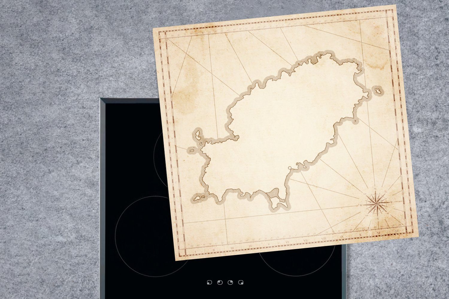 Karte Ibiza, küche von Ceranfeldabdeckung, Arbeitsplatte cm, alten Illustration Herdblende-/Abdeckplatte Vinyl, MuchoWow für 78x78 (1 einer tlg),