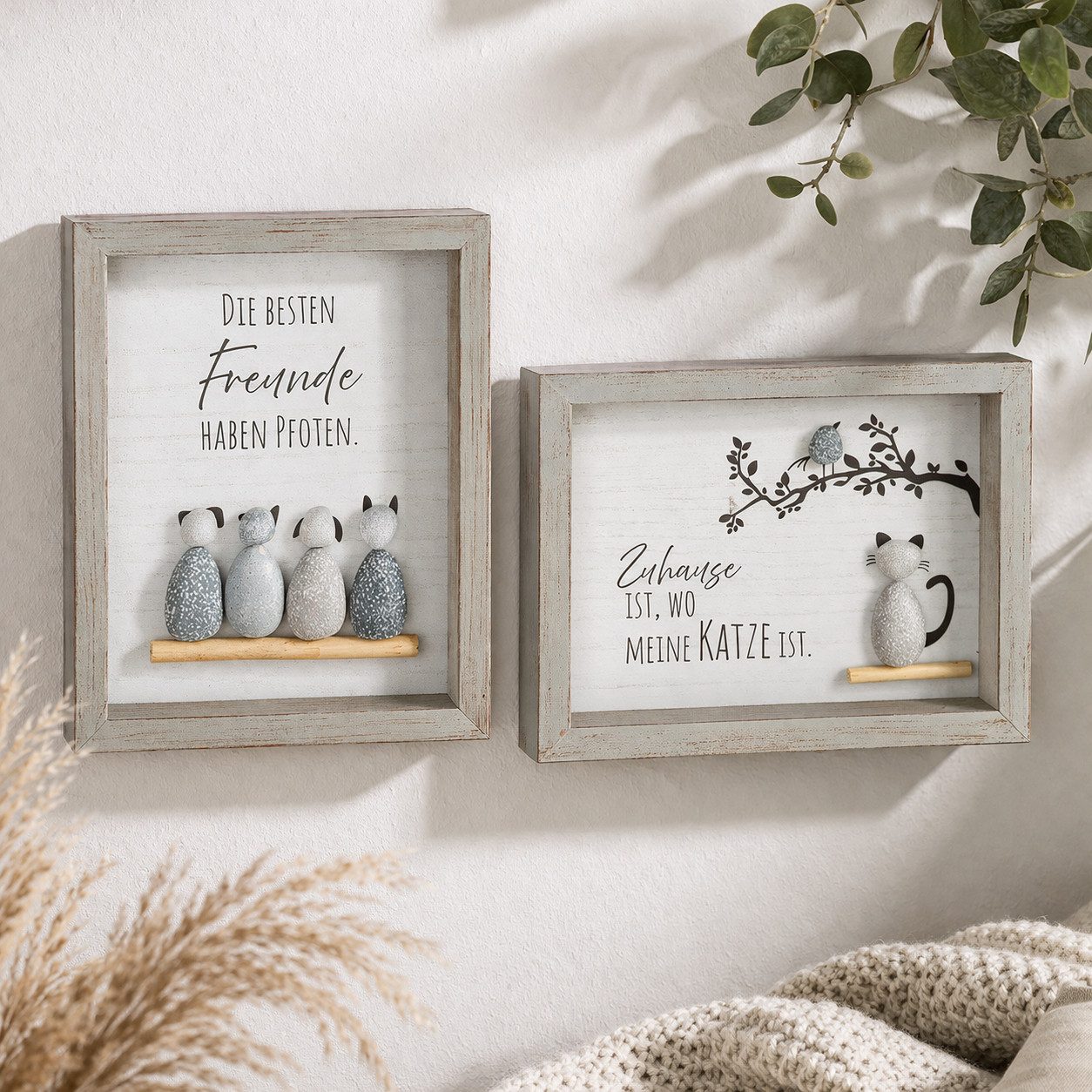 GILDE Wanddekoobjekt Wandbild Pfotenliebe grau im 2er set rechteckig Wanddeko (2 St)