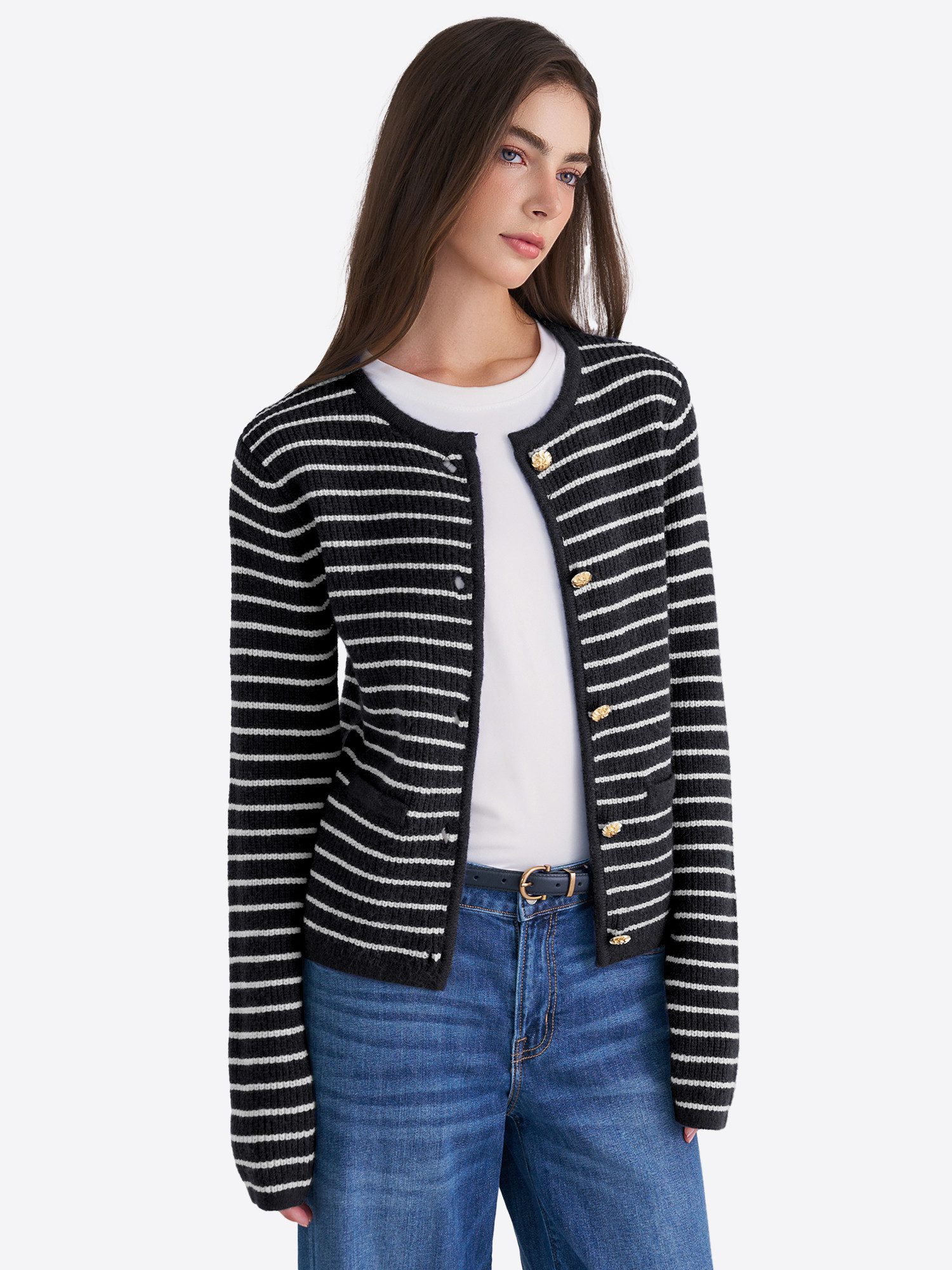 Imily Bela Cardigan Damen Gestreifter Strickcardigan (Packung, 1-tlg., 1per-Pack) mit Knöpfe