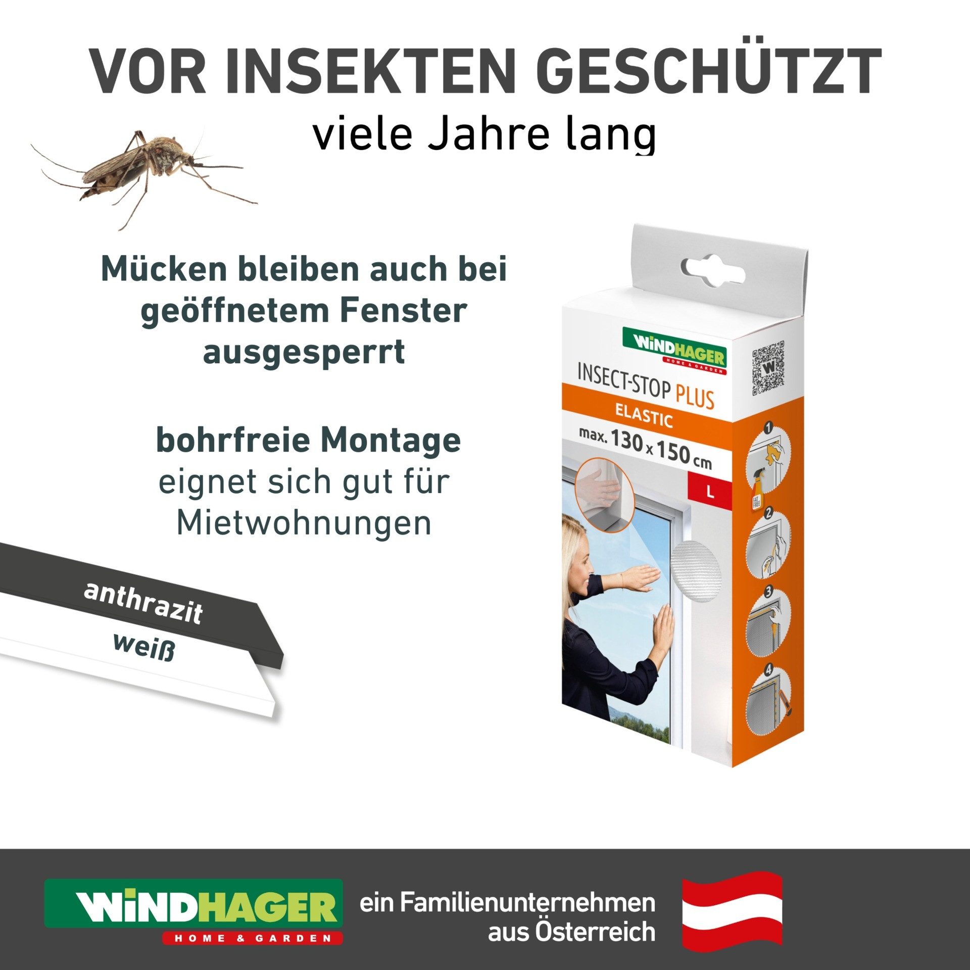 Windhager Moskitonetz Elastic für Fenster, flexibler Insektenschutz ohne bohren (1 St), Insektenschutzgitter 130 x 150 cm, erhältlich in anthrazit oder weiß