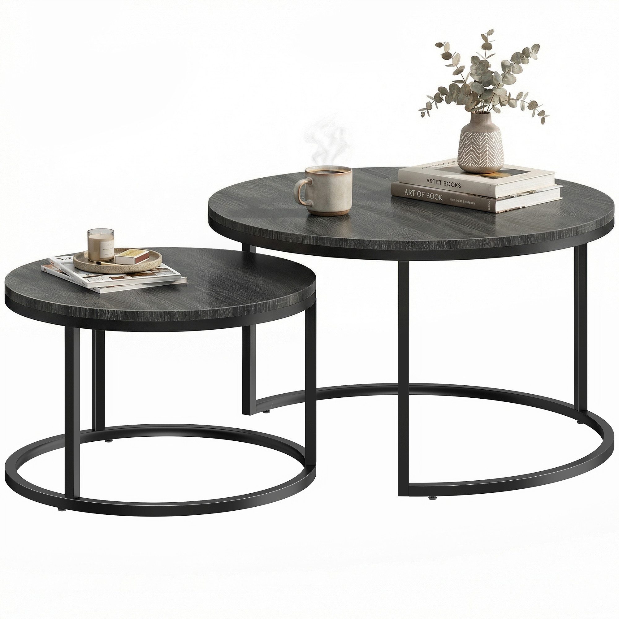 HOMCOM Couchtisch runder stapelbarer Beistelltisch, Kaffeetisch mit Zementoptik (Wohnzimmertisch, 2-St., Kaffeetisch), für Wohnzimmer, Schlafzimmer, Balkon Grau – Bild 2 von 5