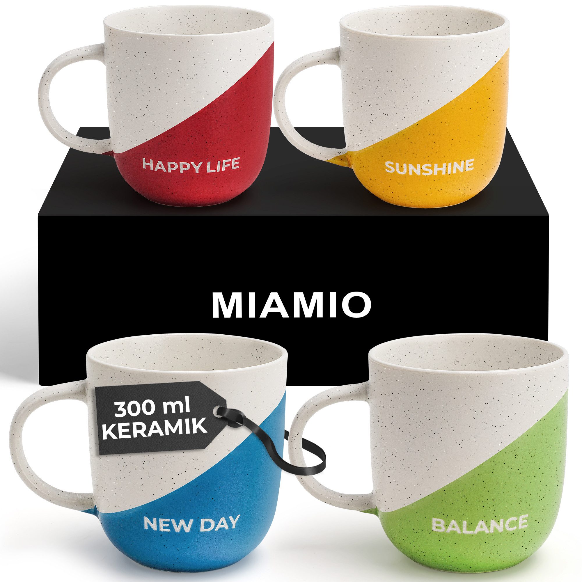 MiaMio Tasse Happy Life, 4-tlg., Keramik, Spruchmotiv, 300 ml