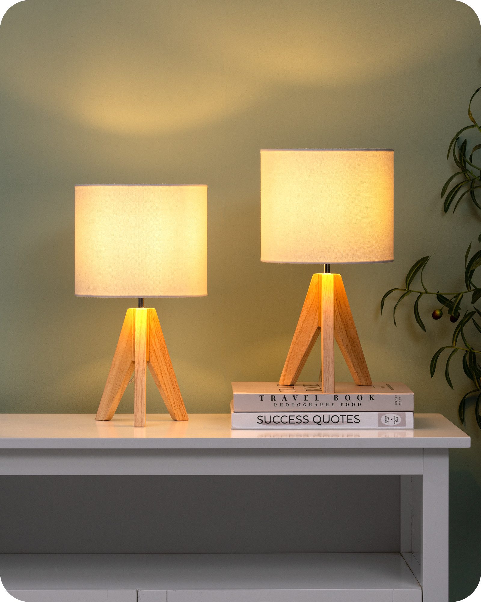 EDISHINE Nachttischlampe 2er Set, Vintage Tischleuchte aus Holz mit Leinenlampenschirm, LED wechselbar, warmweiß, H36 cm Tischlampe mit Leuchtmittel