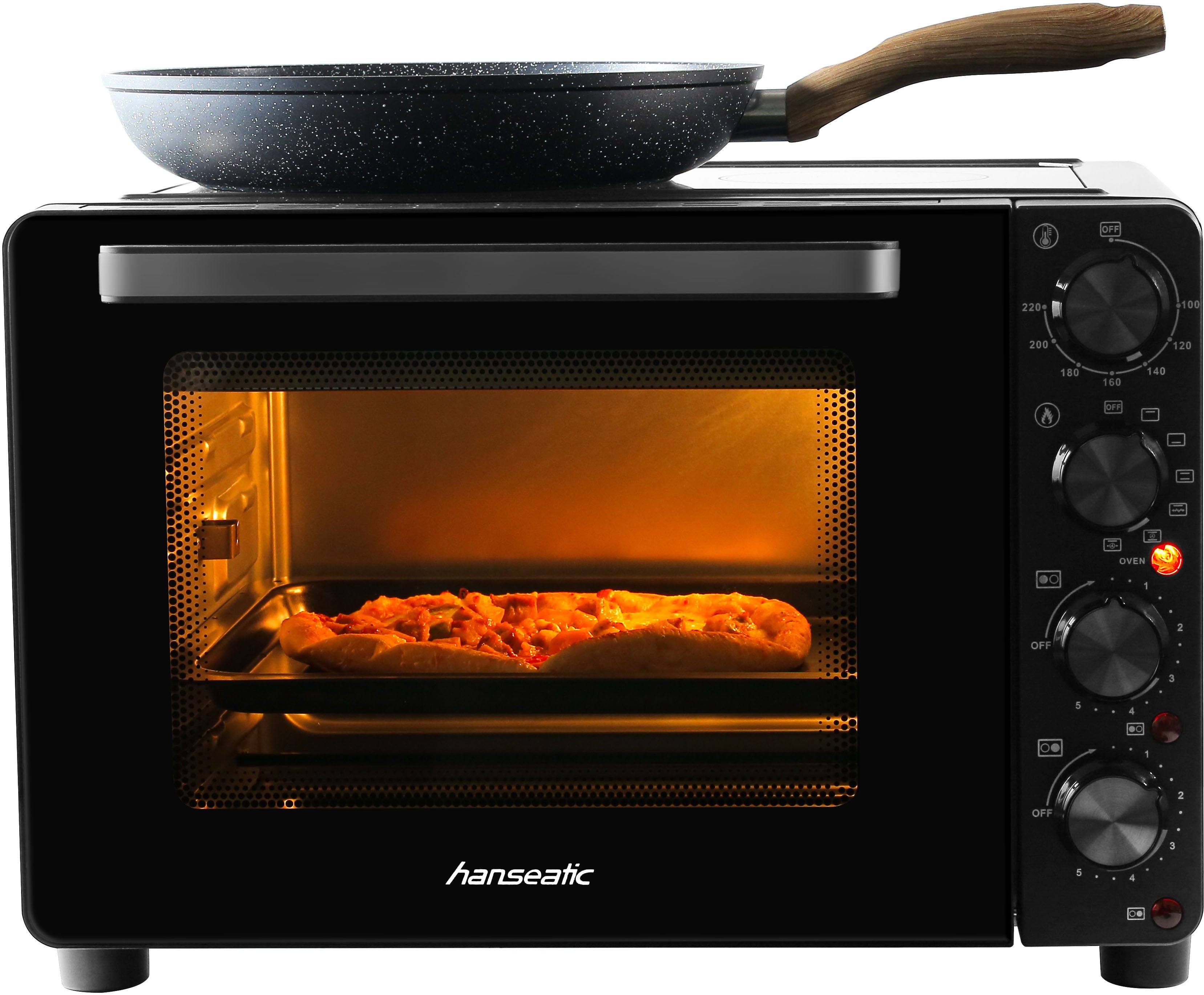 Hanseatic Multiofen HMO287BKB mit 2 Glaskeramik-Kochfeldern, Ober/Unterhitze/Umluft; 28L Garraum, Grillspieß